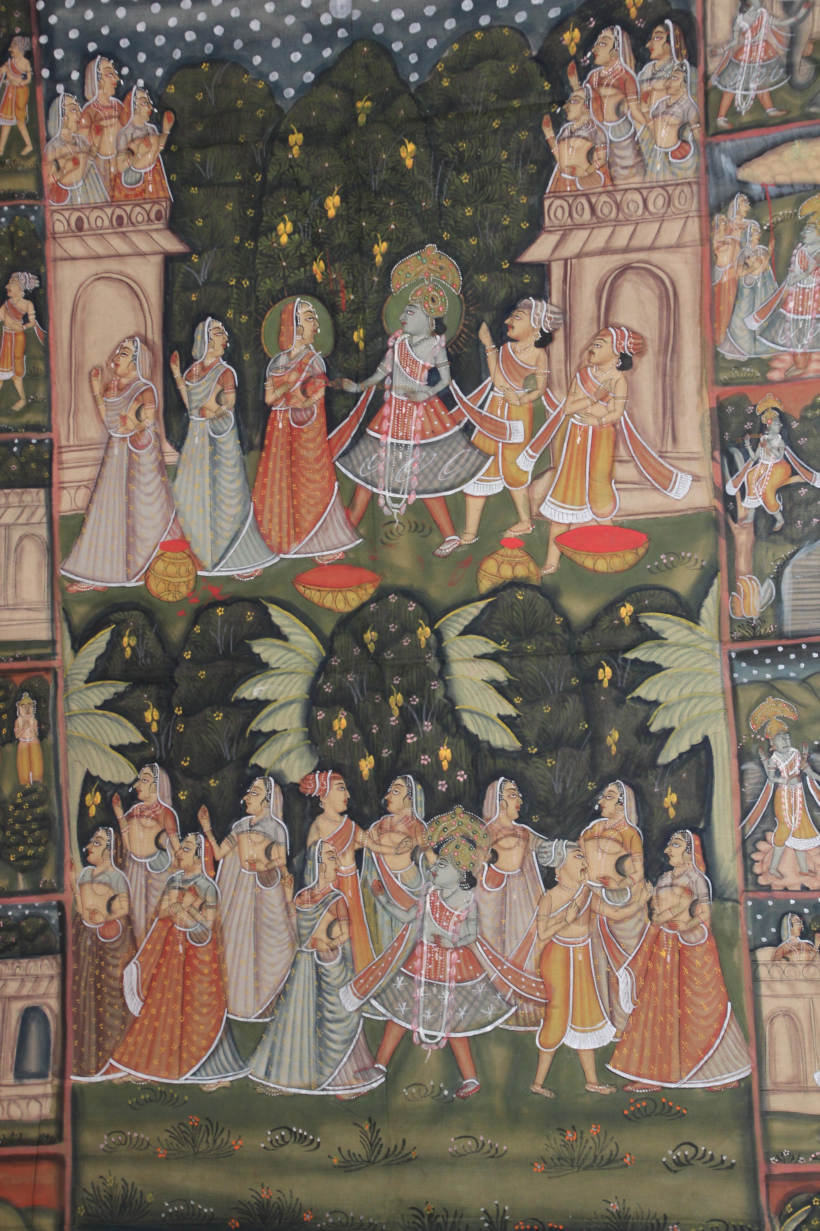 Large Colorful Pichhavai Silk Asian Painting with Krishna and Radha In Fair Condition For Sale In North Hollywood, CA
