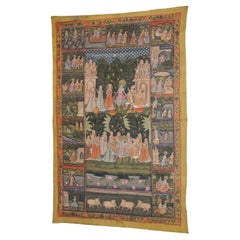 Large Colorful Pichhavai Silk Asian Painting with Krishna and Radha