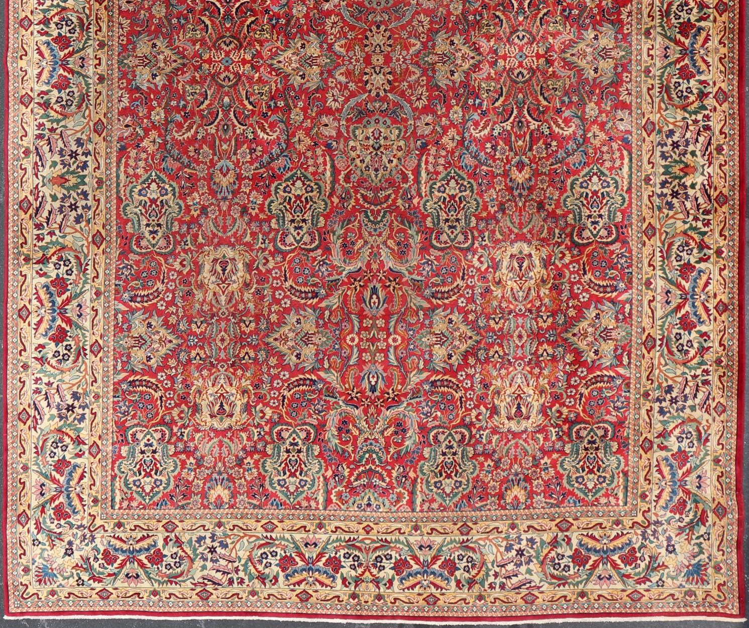 Large Colorful Tabriz Rug in All-Over Floral Design in Red Background & Ivory For Sale 3