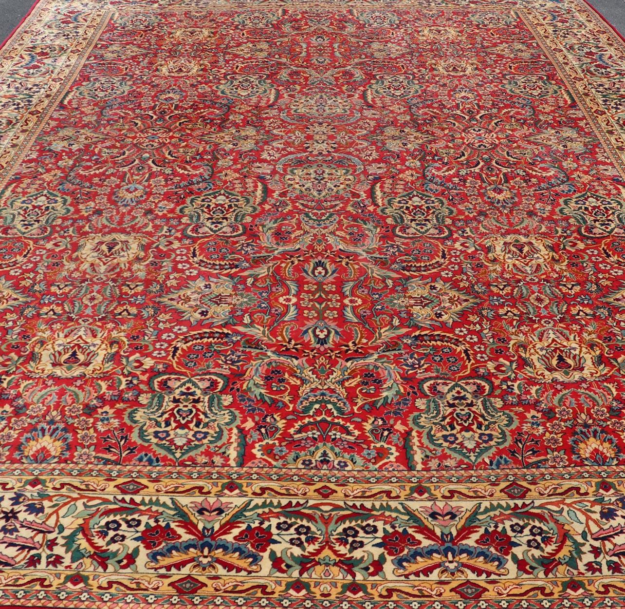 Großer farbenfroher Täbris-Teppich in All-Over-Blumenmuster in rotem Hintergrund und Elfenbein im Angebot 4