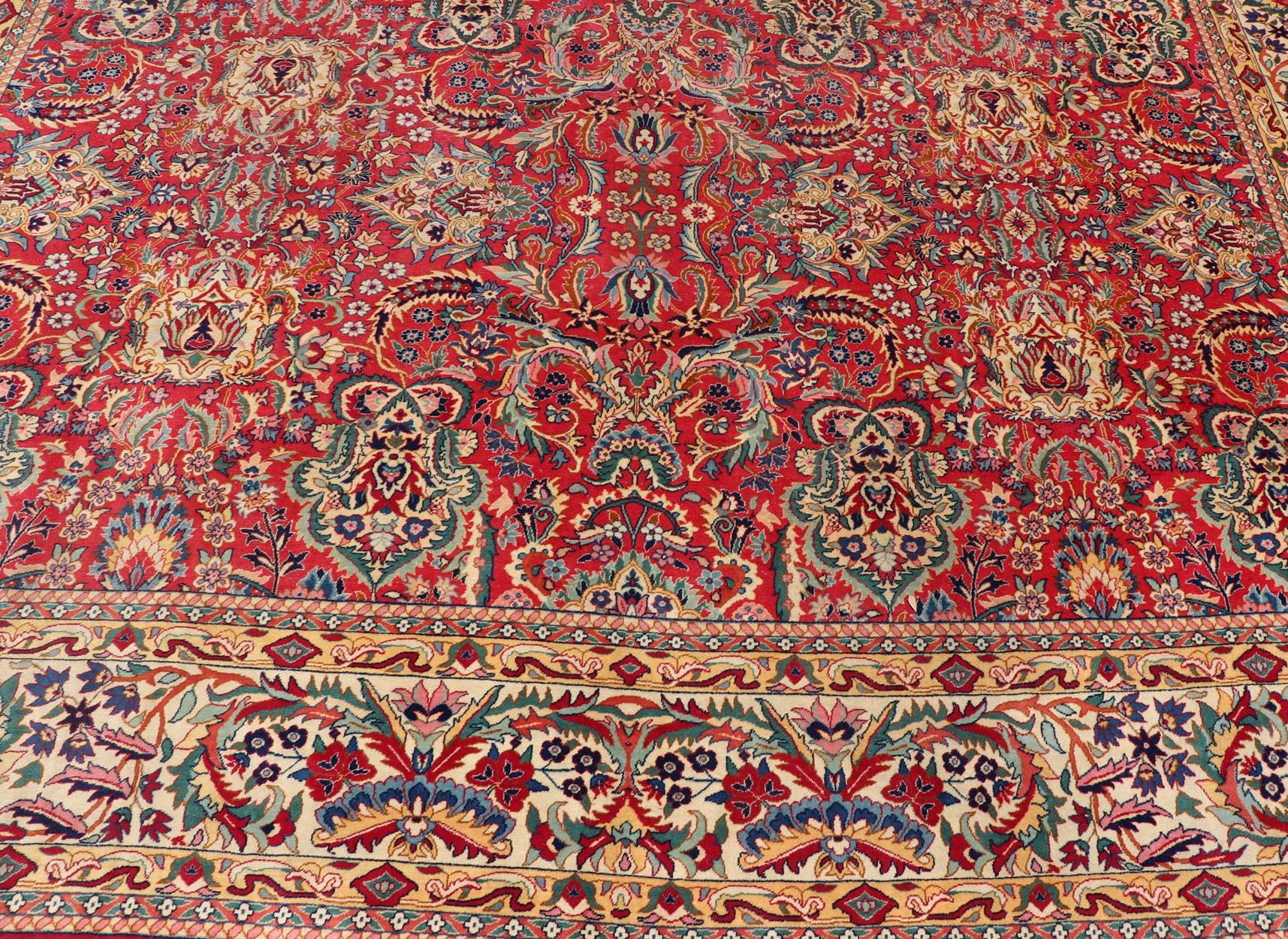 Large Colorful Tabriz Rug in All-Over Floral Design in Red Background & Ivory For Sale 6