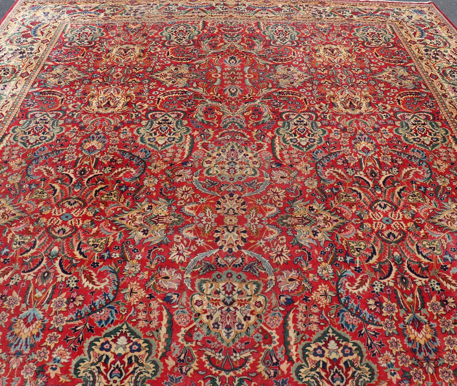 Large Colorful Tabriz Rug in All-Over Floral Design in Red Background & Ivory For Sale 7