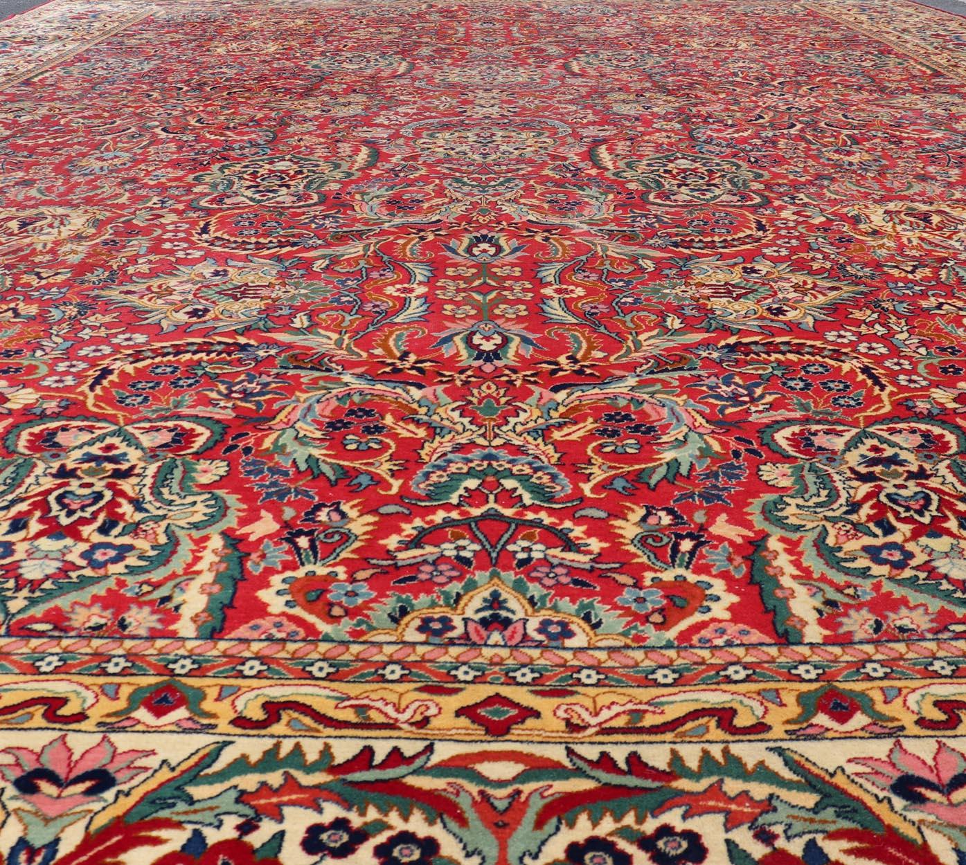 Large Colorful Tabriz Rug in All-Over Floral Design in Red Background & Ivory For Sale 8