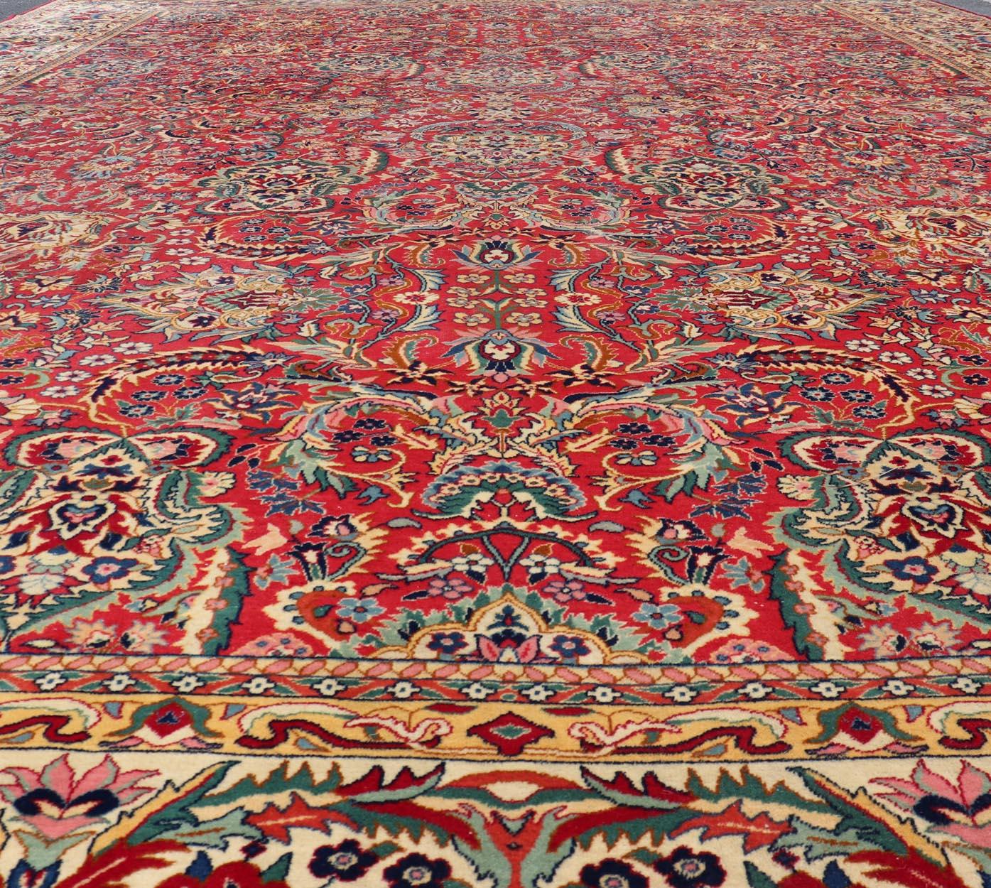Großer farbenfroher Täbris-Teppich in All-Over-Blumenmuster in rotem Hintergrund und Elfenbein im Angebot 7