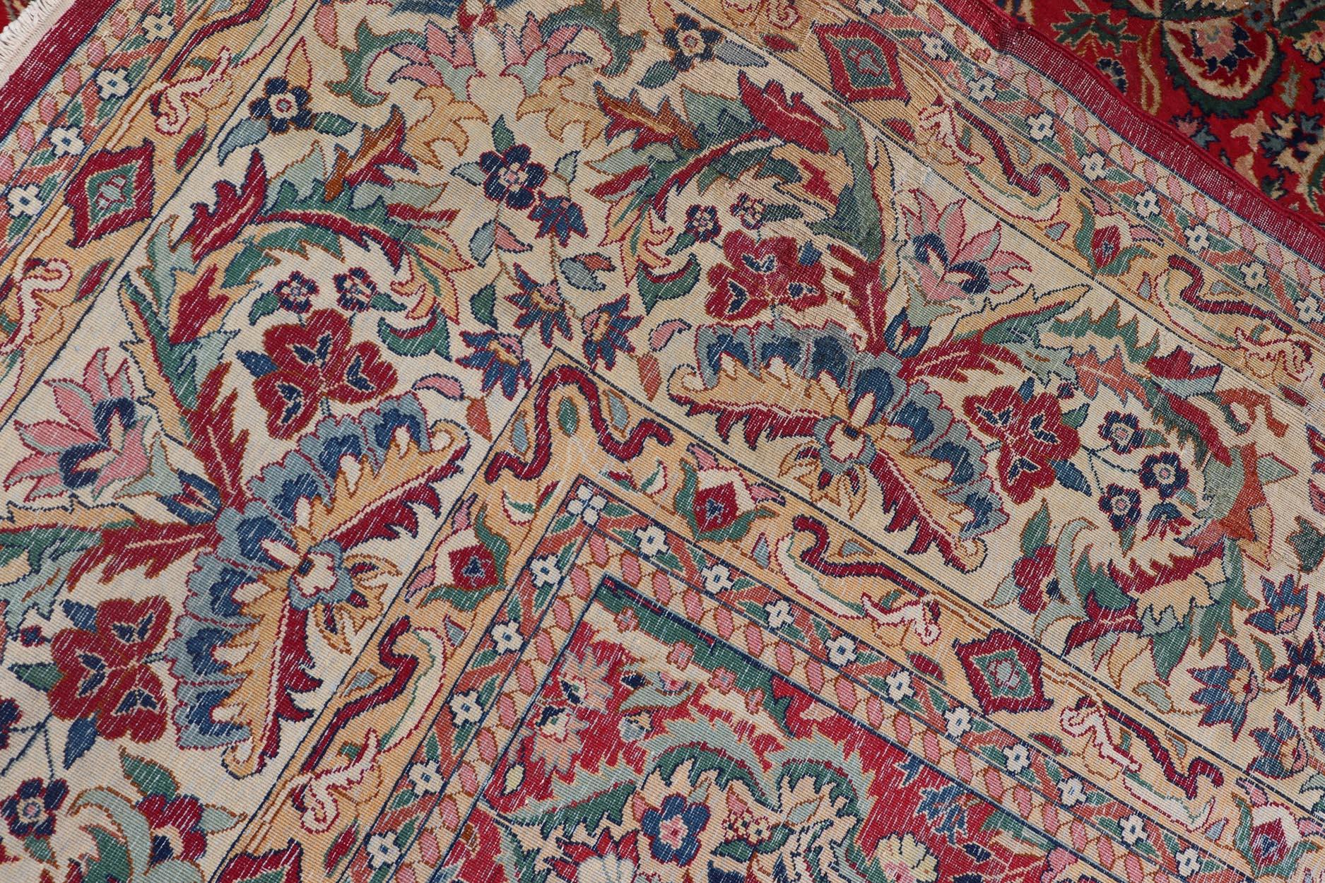 Large Colorful Tabriz Rug in All-Over Floral Design in Red Background & Ivory For Sale 9