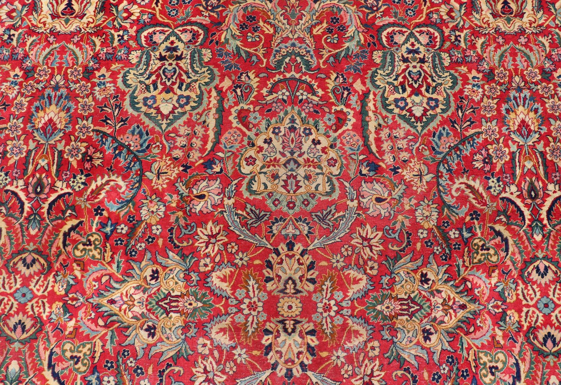 Persian Large Colorful Tabriz Rug in All-Over Floral Design in Red Background & Ivory For Sale