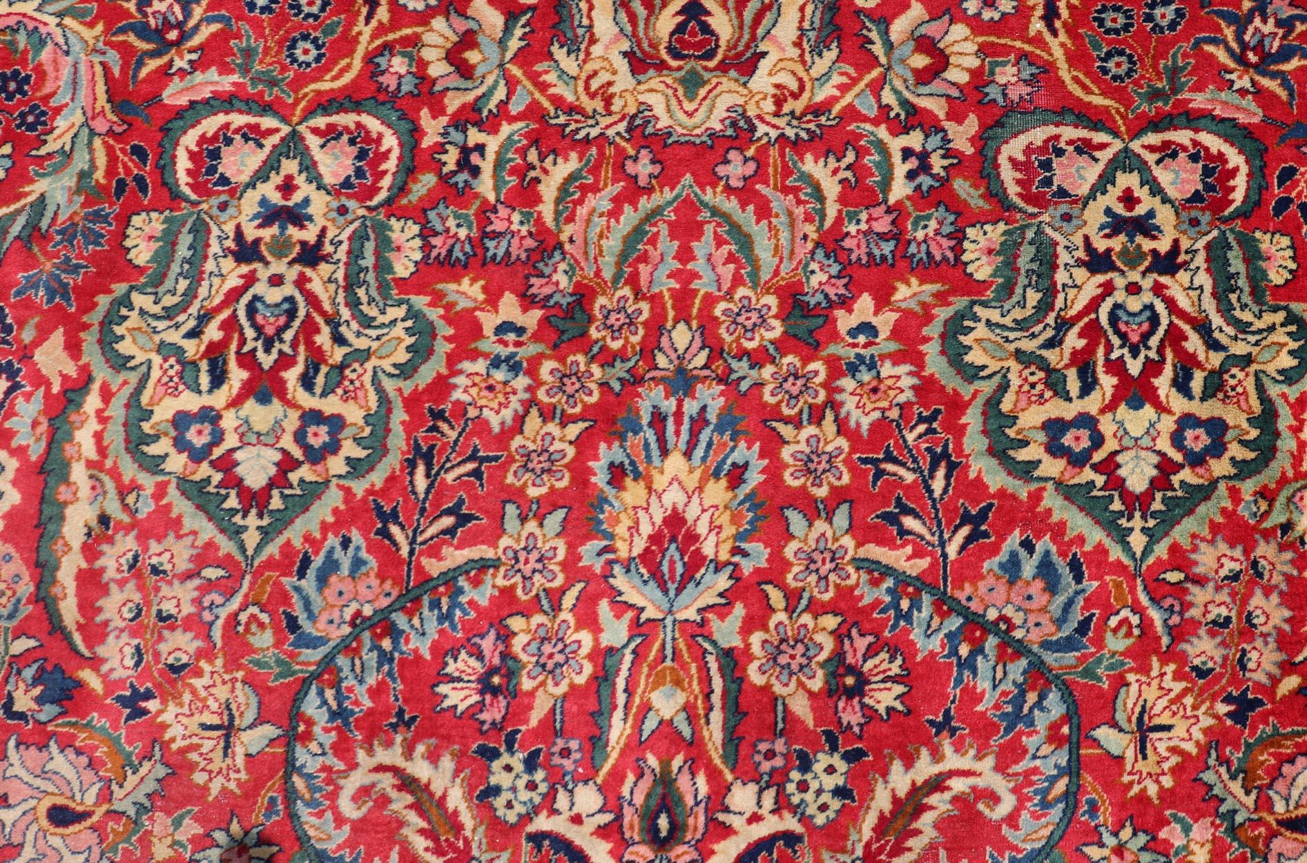 Large Colorful Tabriz Rug in All-Over Floral Design in Red Background & Ivory In Good Condition For Sale In Atlanta, GA