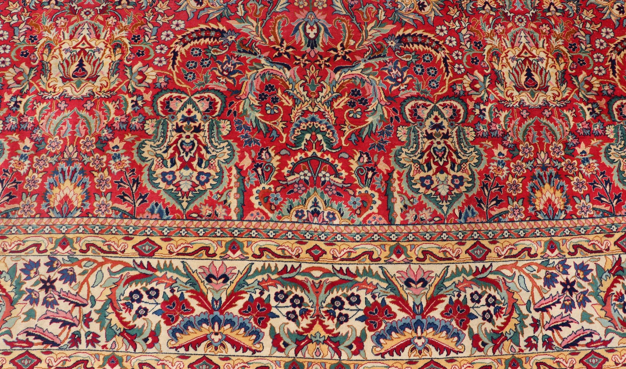 20th Century Large Colorful Tabriz Rug in All-Over Floral Design in Red Background & Ivory For Sale