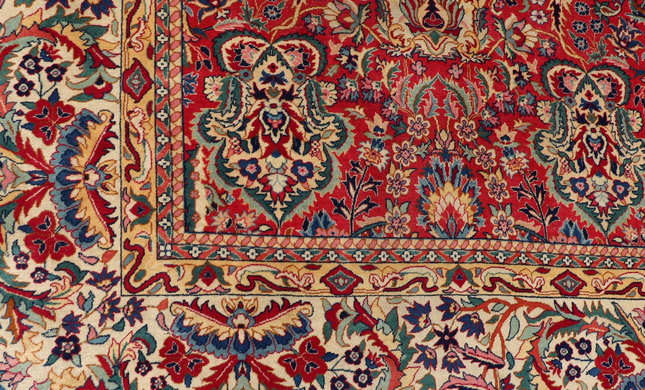Wool Large Colorful Tabriz Rug in All-Over Floral Design in Red Background & Ivory For Sale