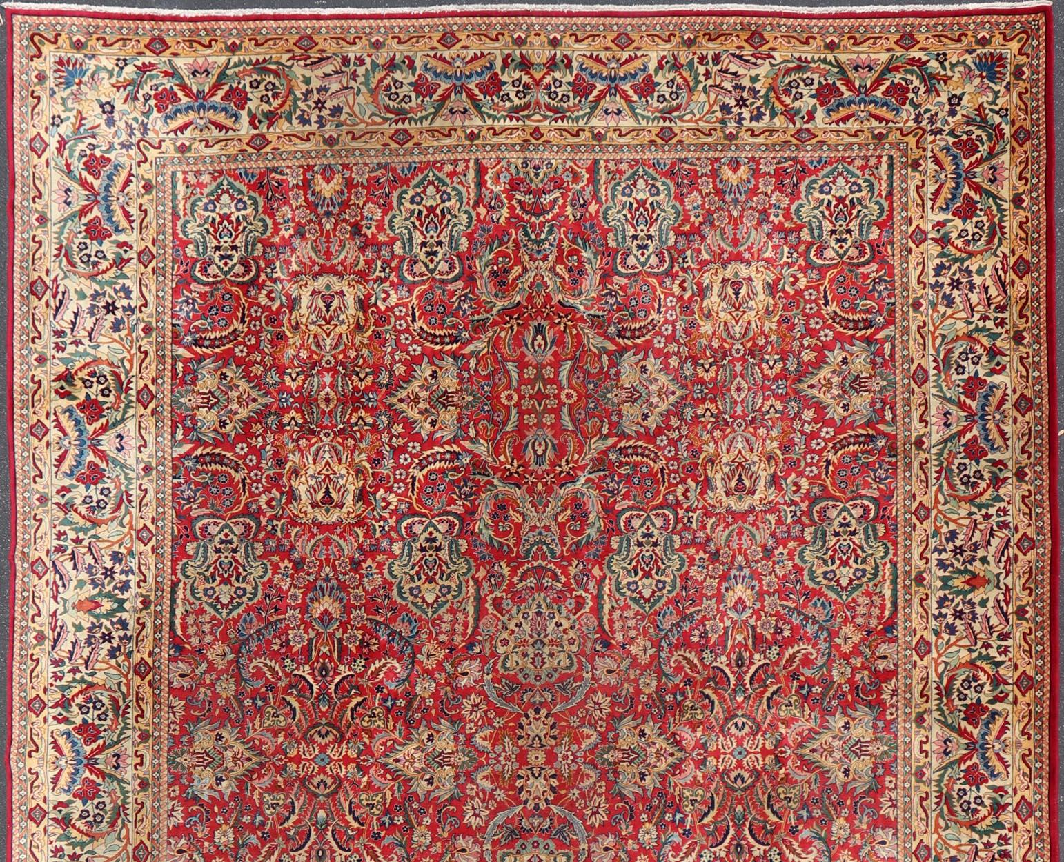 Large Colorful Tabriz Rug in All-Over Floral Design in Red Background & Ivory For Sale 1