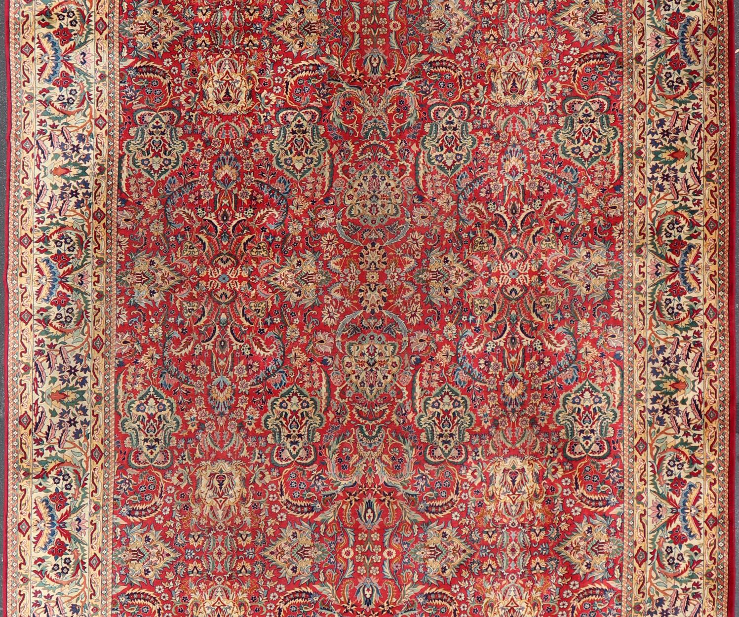 Large Colorful Tabriz Rug in All-Over Floral Design in Red Background & Ivory For Sale 2