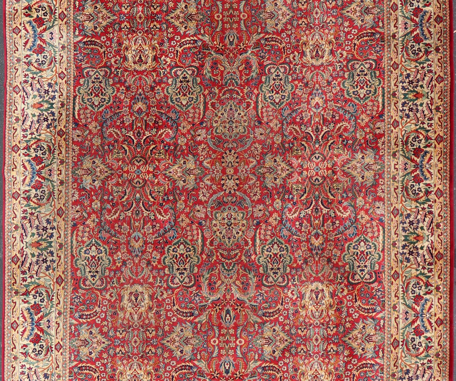Großer farbenfroher Täbris-Teppich in All-Over-Blumenmuster in rotem Hintergrund und Elfenbein im Angebot 1