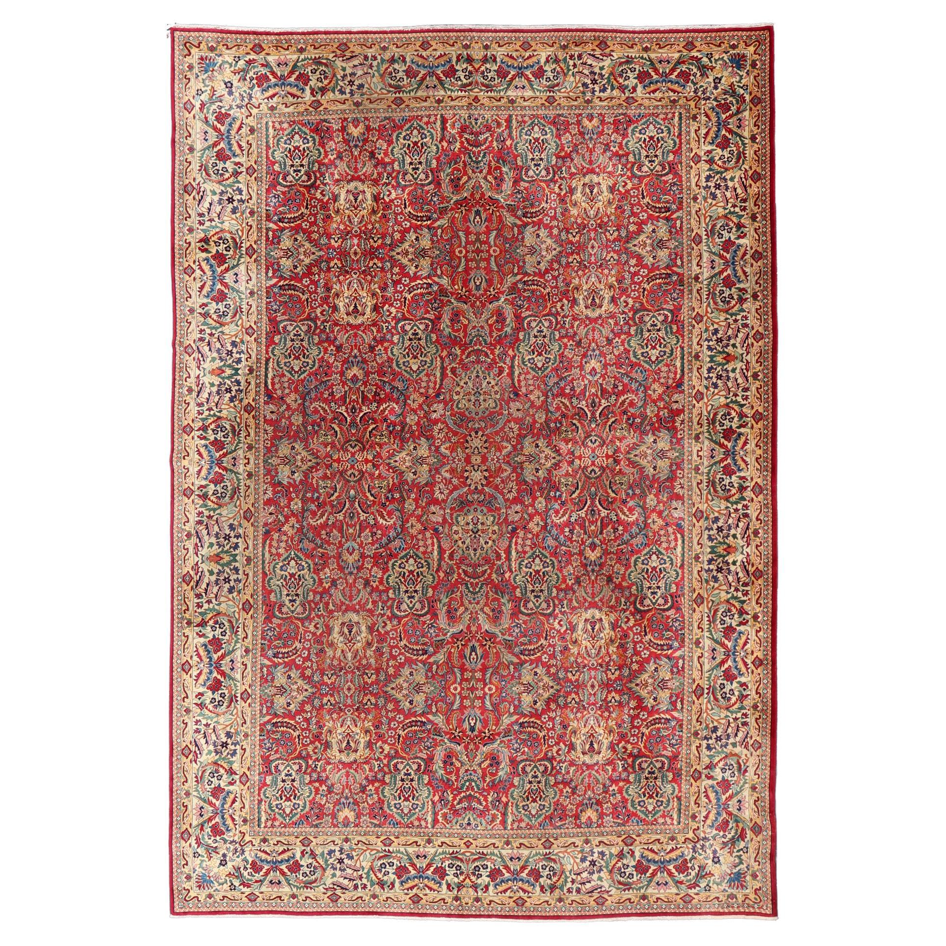 Large Colorful Tabriz Rug in All-Over Floral Design in Red Background & Ivory For Sale