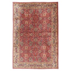 Retro Large Colorful Tabriz Rug in All-Over Floral Design in Red Background & Ivory