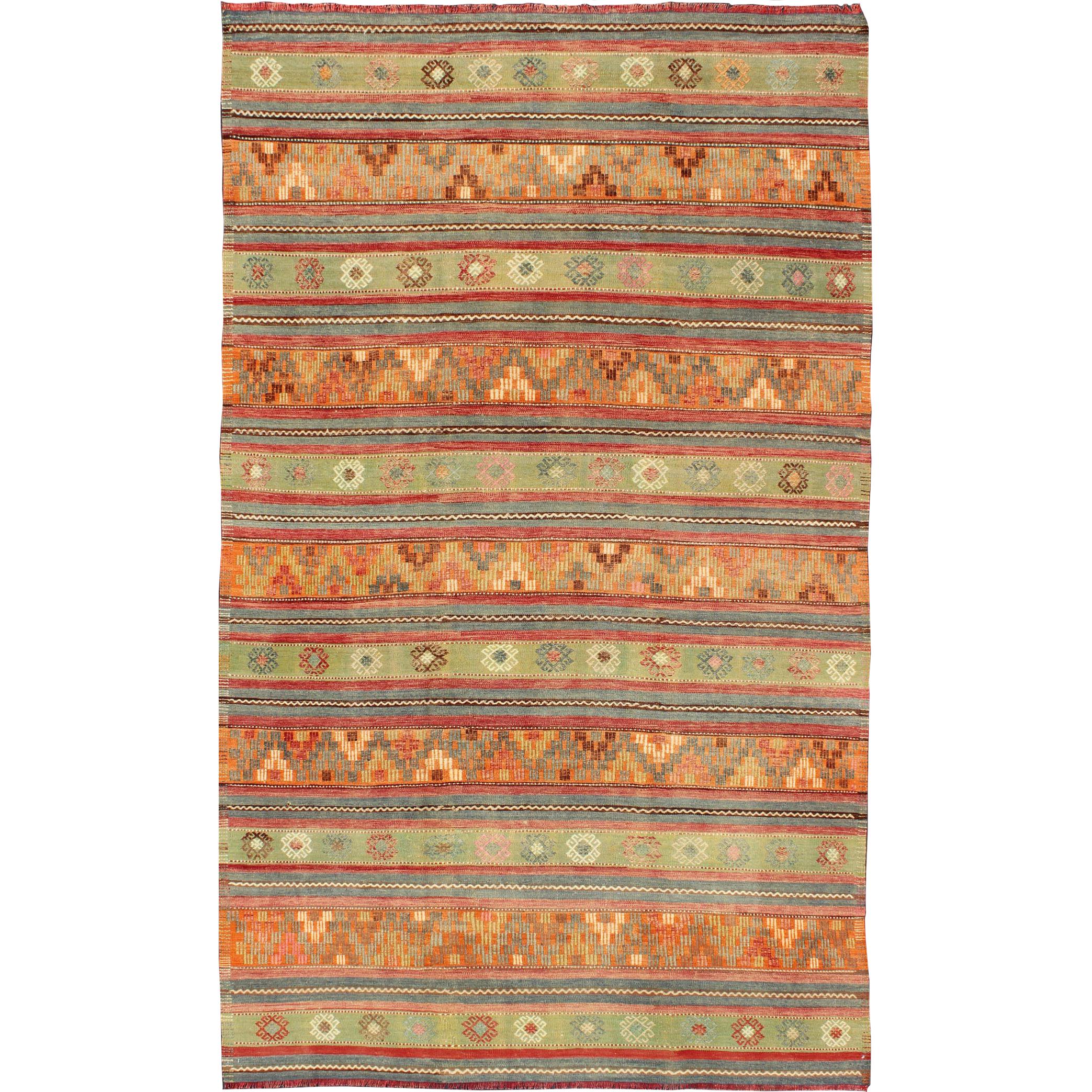 Modern Kilim Rug from Turkey in Ivory with Beige and Brown Stripes For