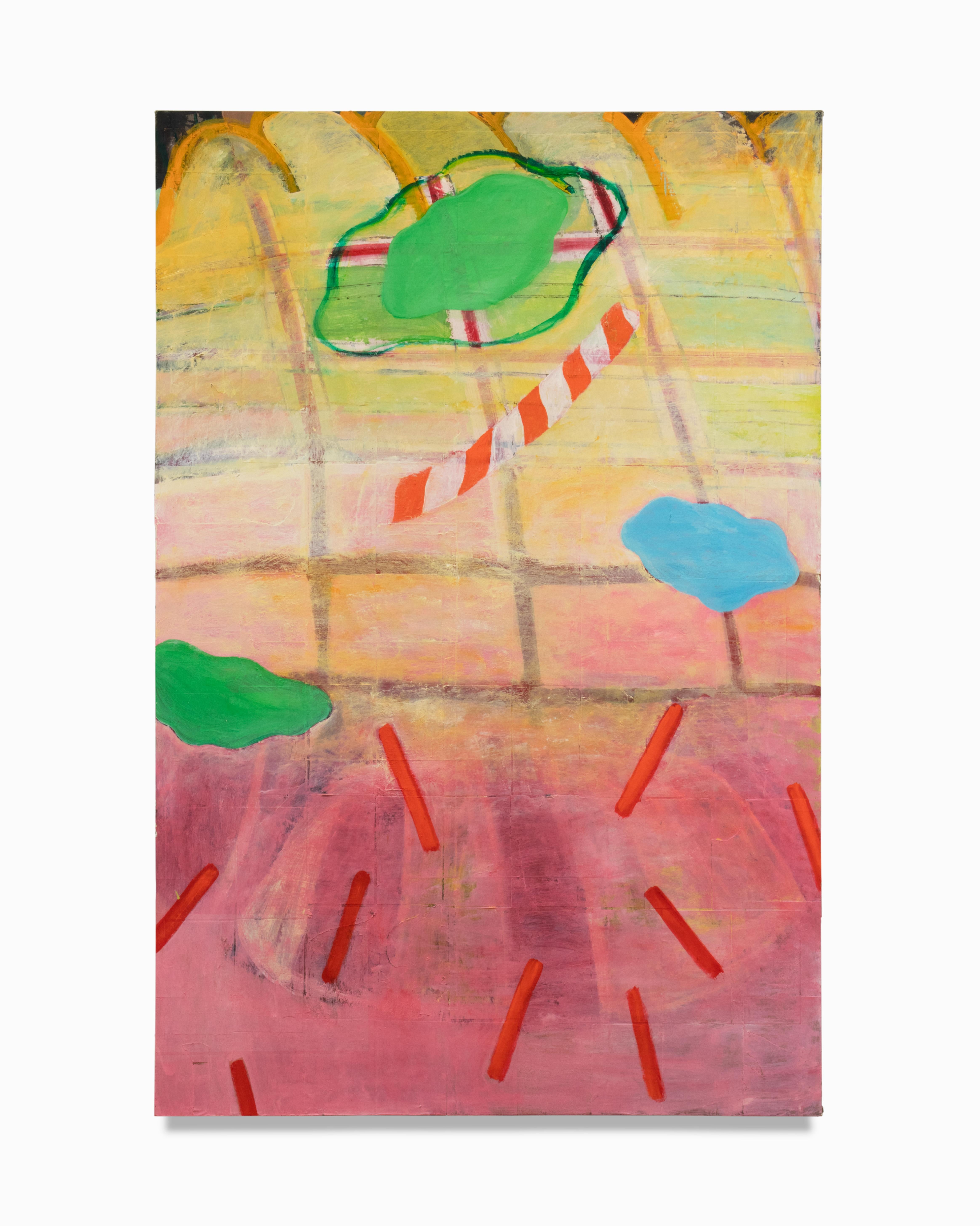 Here is a large colorful abstract painting with fantastic presence. This 4' x 6' wall art features vibrant colors, mixed media elements and amazing texture. Overall it is in good condition with some minor wear. The artwork is not signed or dated,