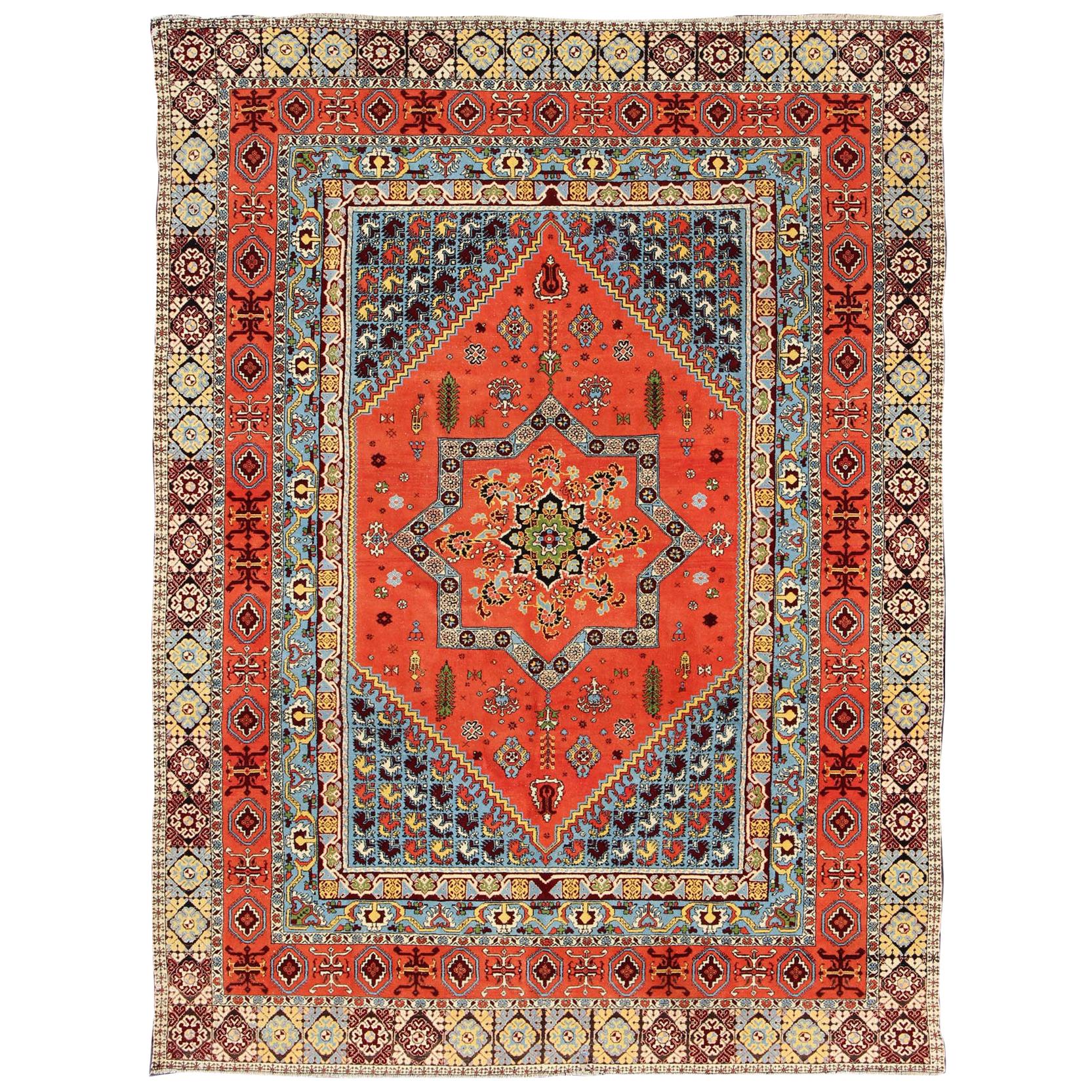 Large Colorful Vintage Moroccan Rug in Medallion Design and Tribal Elements