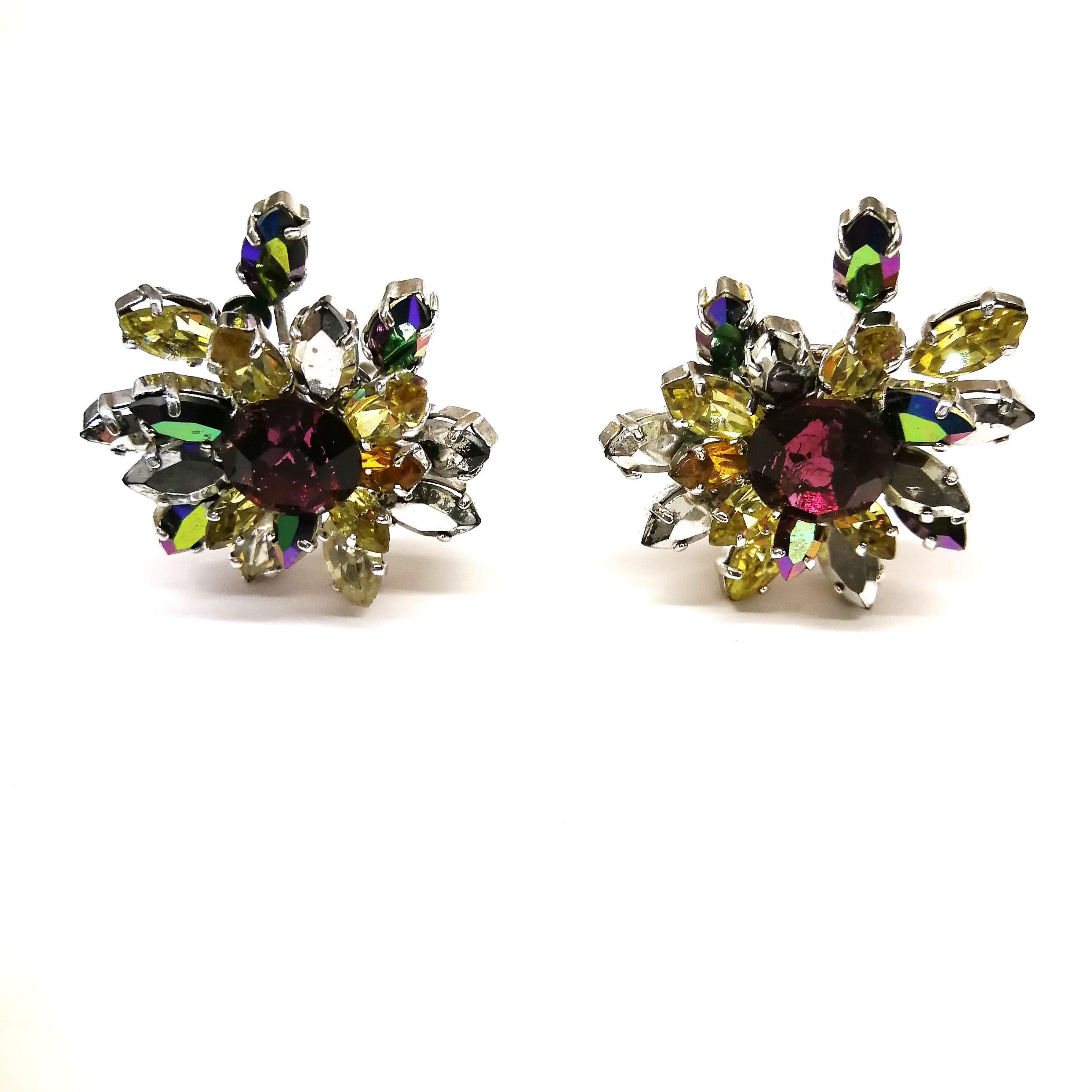 Women's Large coloured, aurora borealis paste 'cluster' earrings, Christian Dior, 1959 For Sale
