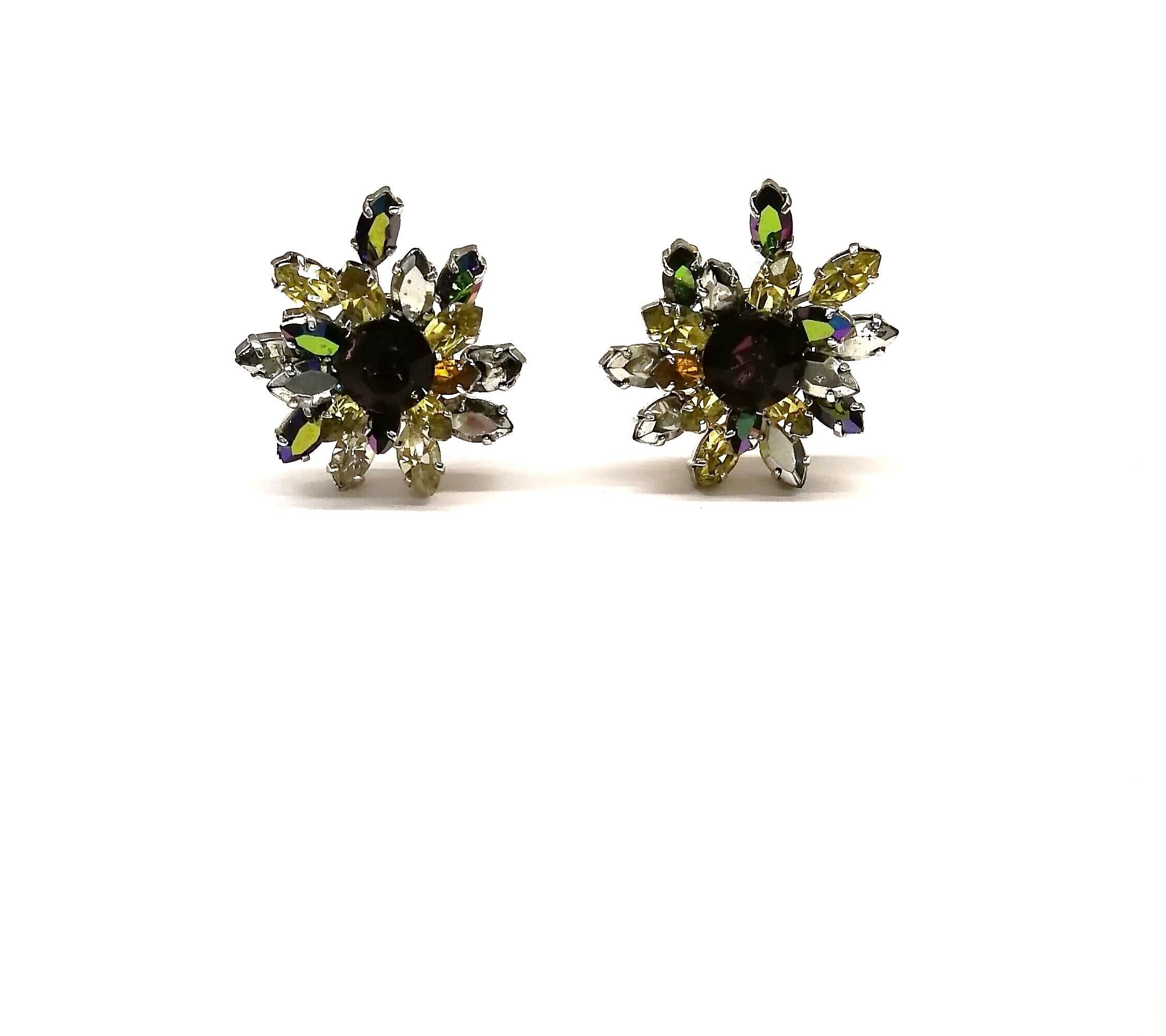 Large coloured, aurora borealis paste 'cluster' earrings, Christian Dior, 1959 For Sale 1