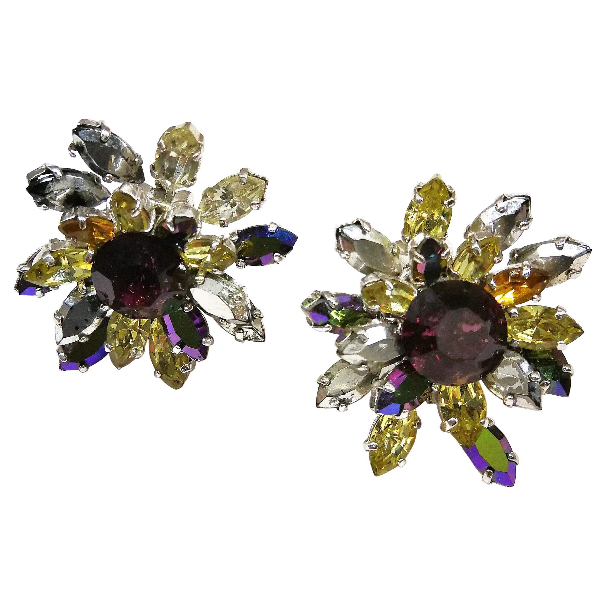 Large coloured, aurora borealis paste 'cluster' earrings, Christian Dior, 1959 For Sale