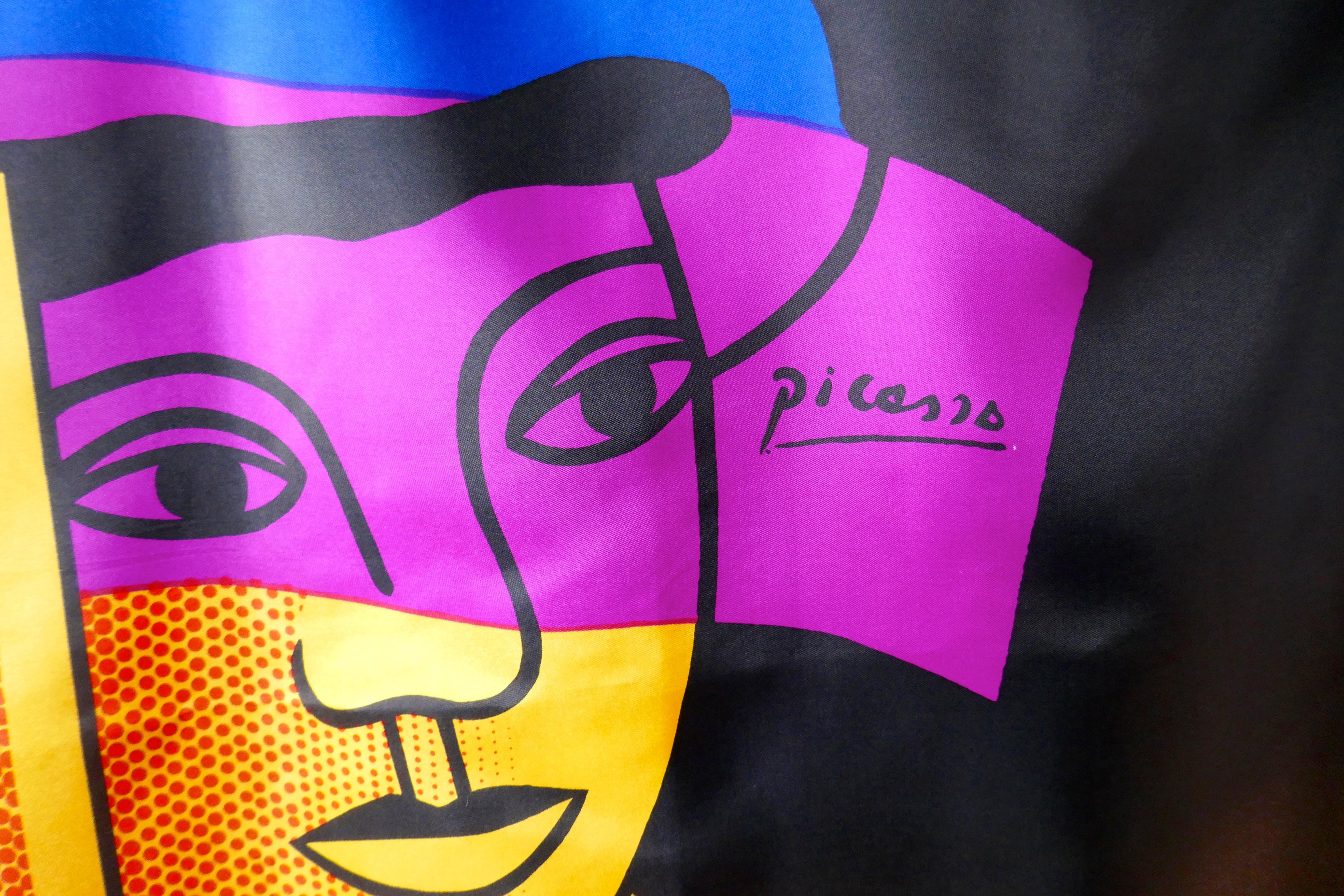 Large Colourful Vintage Satin Scarf, Abstract Cubist Picasso Portrait  

1980s Classic Portrait of a couple signed “Picasso” Vibrant colourway definitely one for the collector
Scarf  Measures 35”x 33”
Silk Satin  
 

The Scarf is genuine vintage and