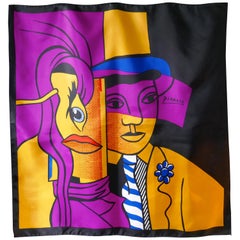 Large Colourful Vintage Satin Scarf, Abstract Cubist Picasso Portrait  