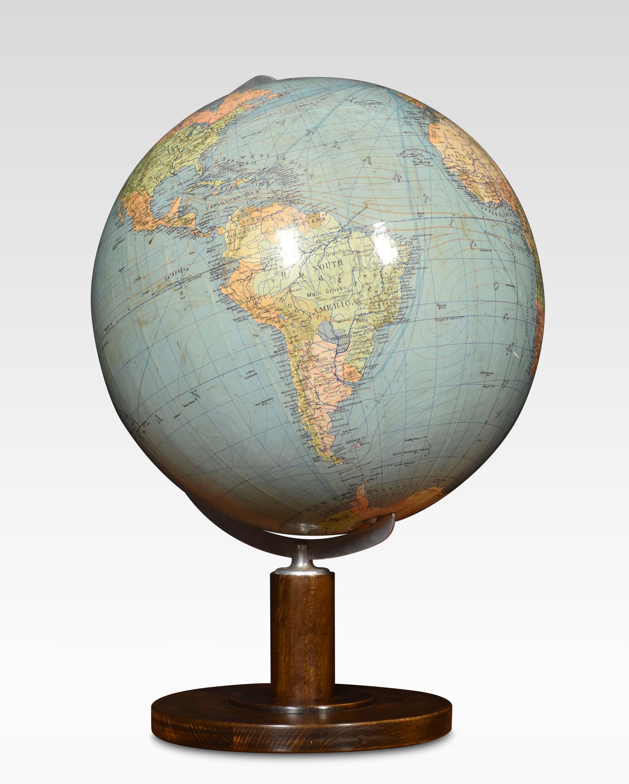 Columbus terrestrial globe raised up on circular base.
Dimensions
Height 19.5 Inches
Width 14.5 Inches
Depth 14.5 Inches.