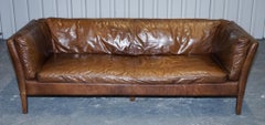 LARGE COMFORTABLE HALO GROUCHo BROWN LEATHER THREE SEATER SOFA