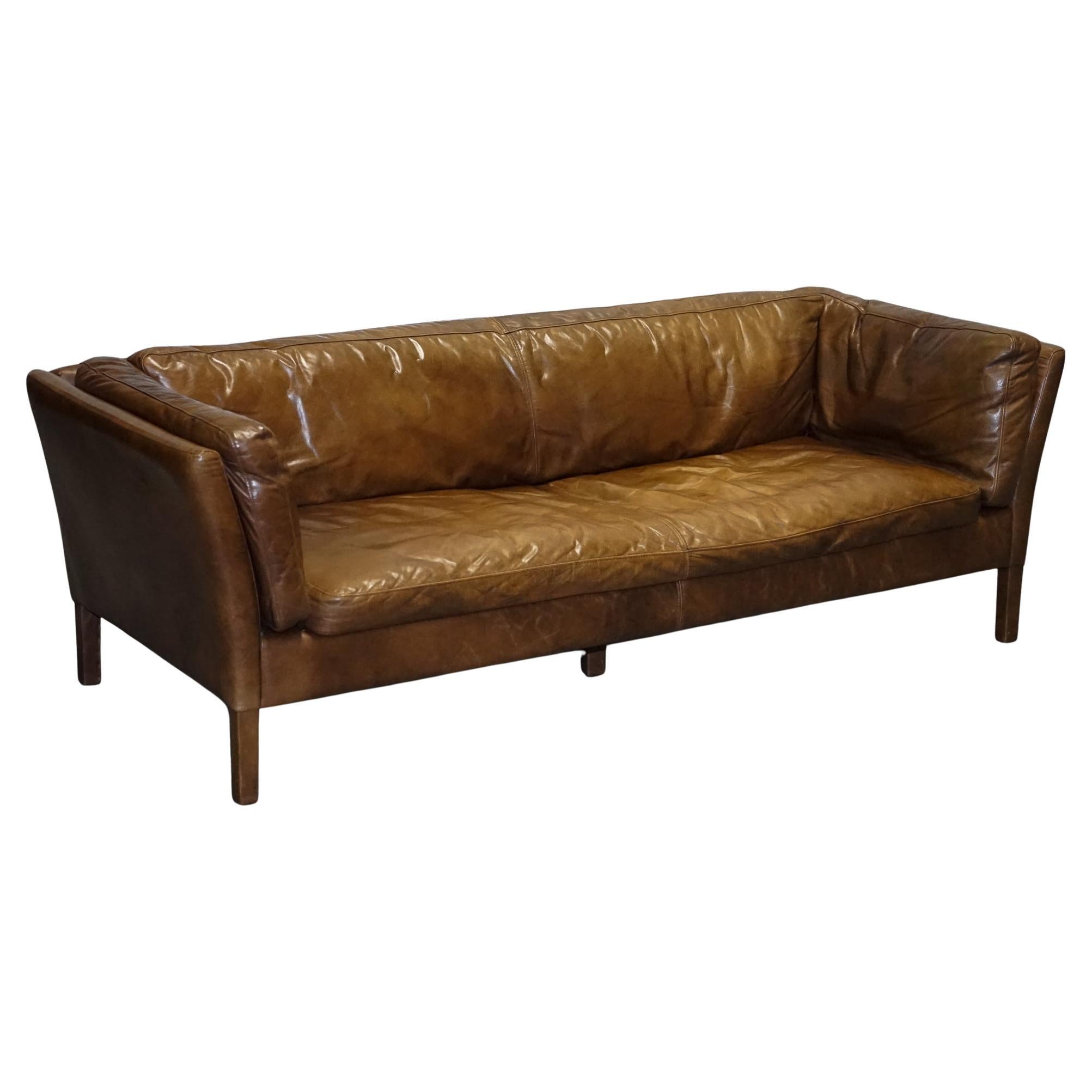 LARGE COMFORTABLE HALO GROUCHo BROWN LEATHER THREE SEATER SOFA