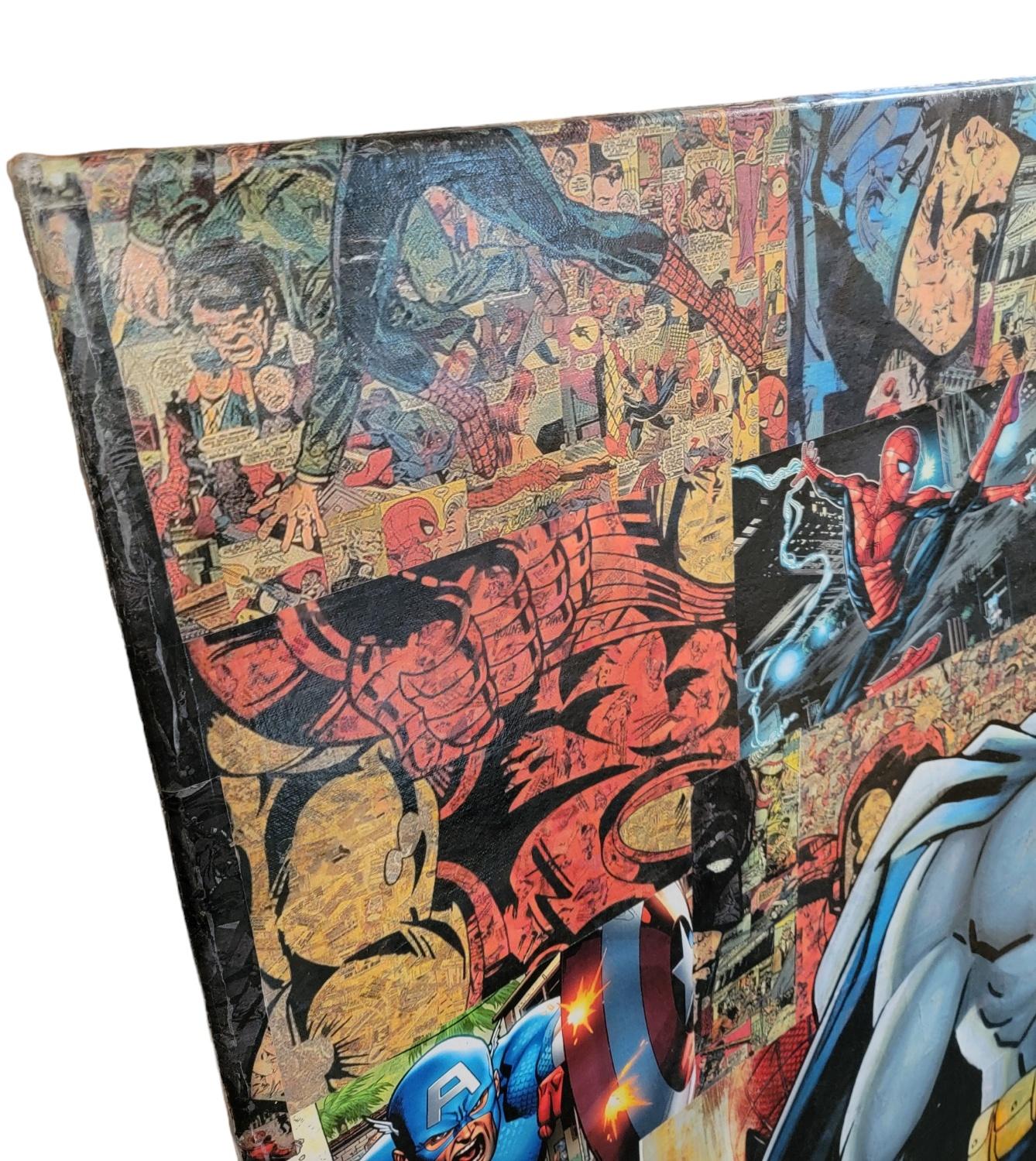 Large Comic Book Cut Outs Poster With Hand Painted Batman figure in front. Many different art pieces that were used to make the background on the batman. Measures approx - 54w x 78h
