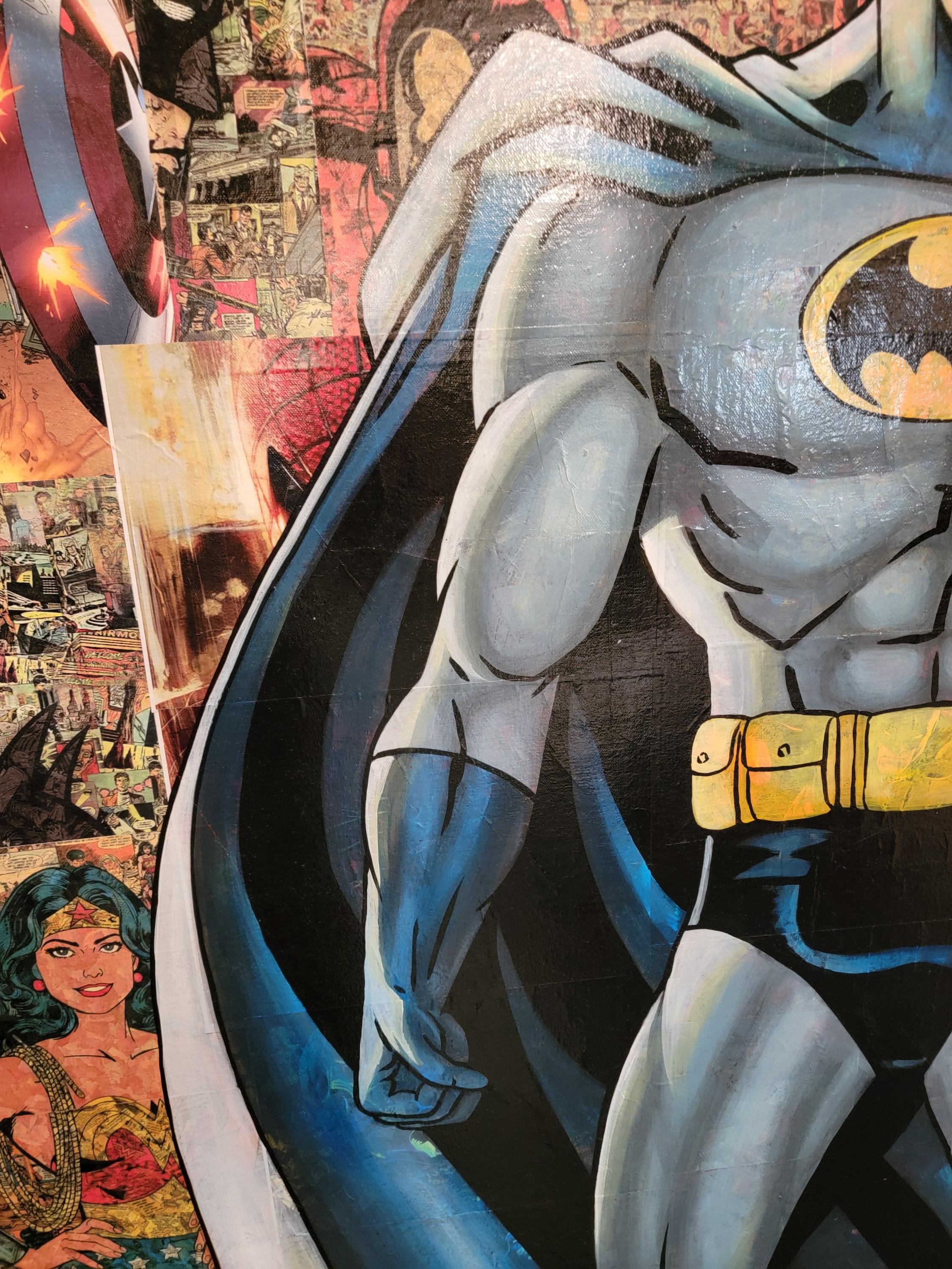 Large Comic Book Cut Outs Poster With Hand Painted Batman In Good Condition For Sale In Pasadena, CA