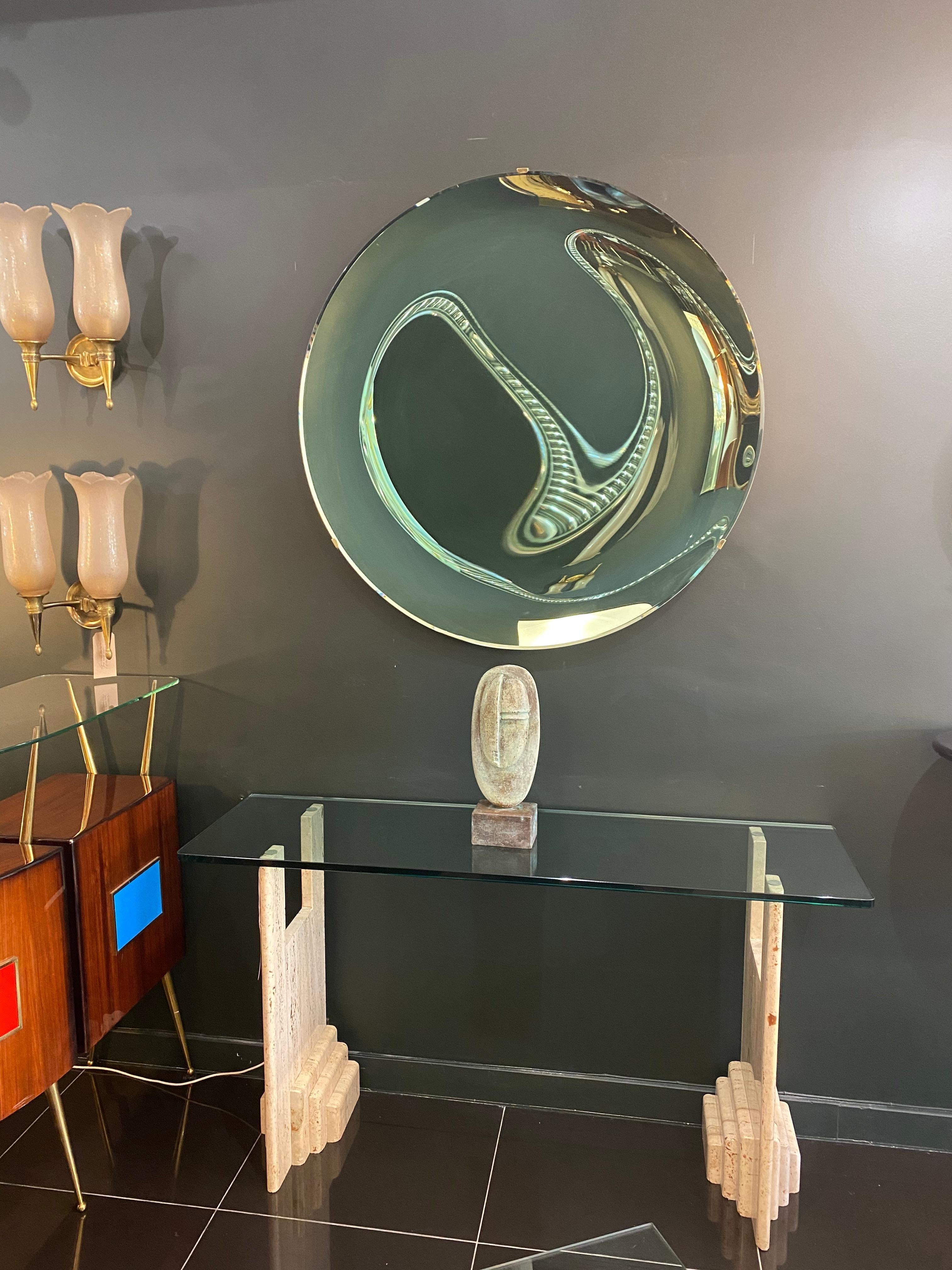 An extraordinary and unique Italian contemporary art mirror in concave handblown glass.
Made to order in sea green, blue, amber, emerald green, gold, copper 
(Lead time 4-6 weeks).
 