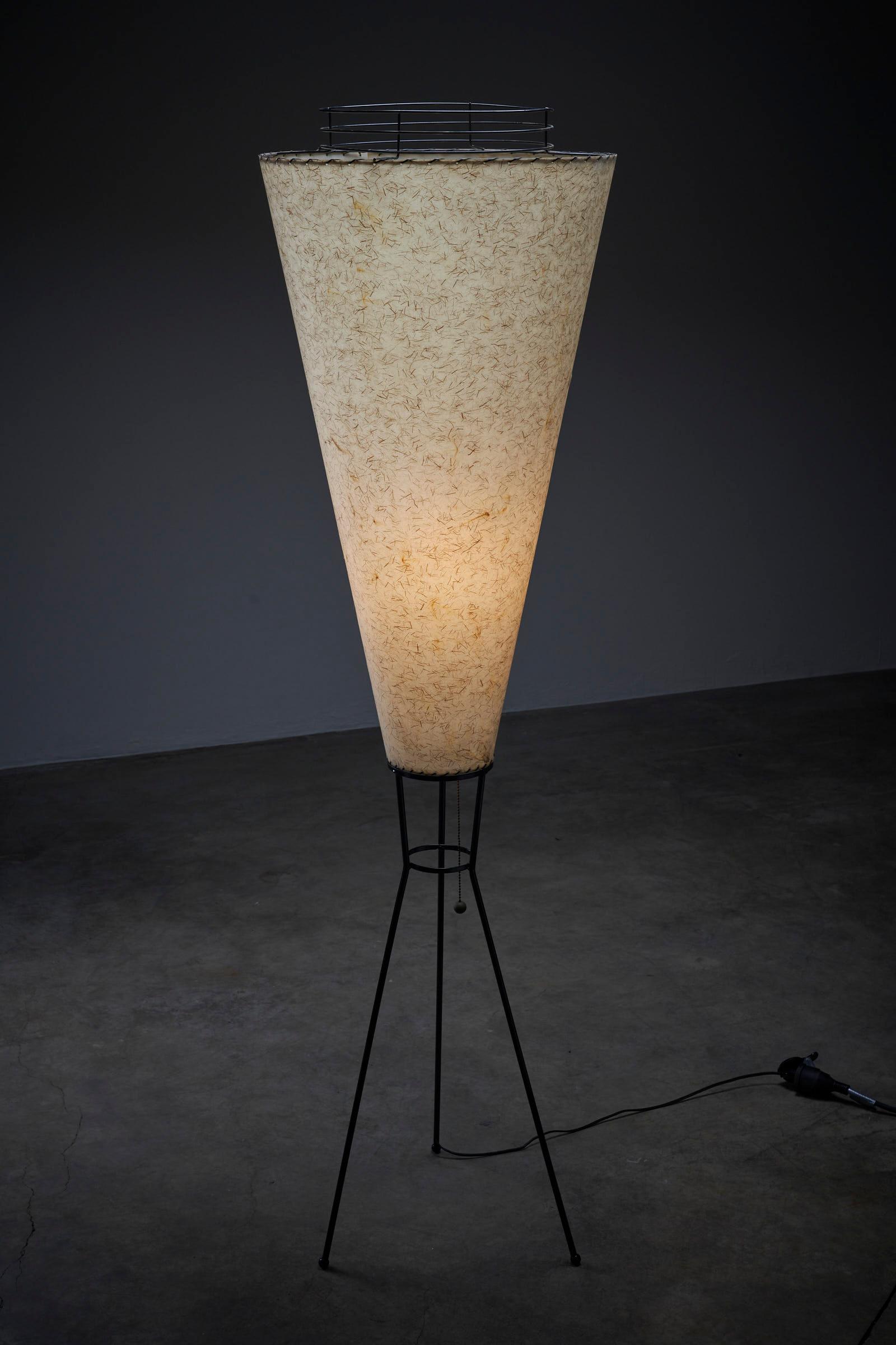 Wir präsentieren die atemberaubende Large Cone Tripod Stehleuchte von Archaic Smile Inc. Diese Stehlampe kombiniert mühelos elegantes Design mit einem Hauch von Textur und schafft so einen fesselnden Blickpunkt in jedem Innenraum.

Die Lampe verfügt