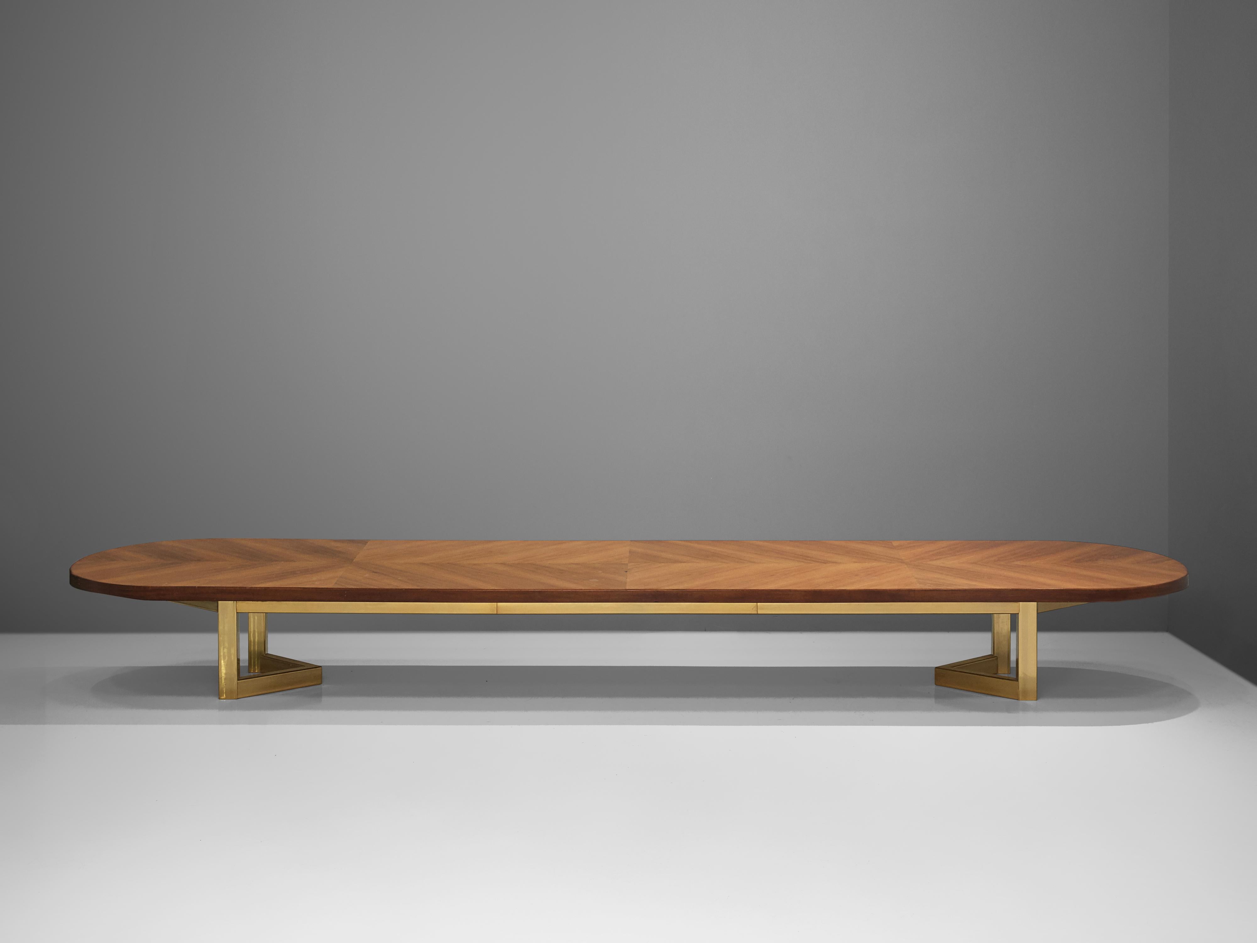 French Large Conference Table in Walnut and Brass 7, 20 M / 23, 6 Ft Long