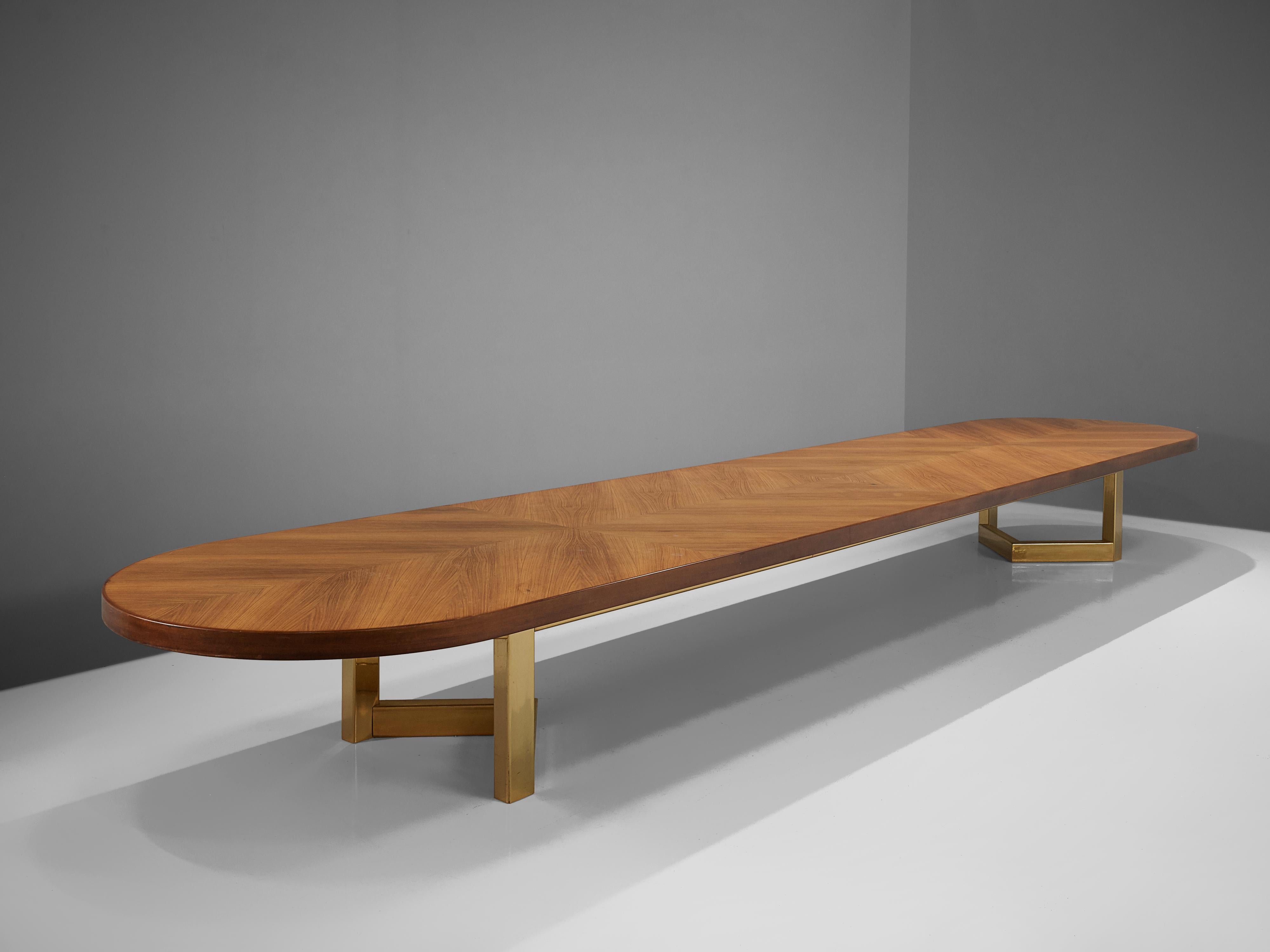 Large Conference Table in Walnut and Brass 7, 20 M / 23, 6 Ft Long In Good Condition In Waalwijk, NL