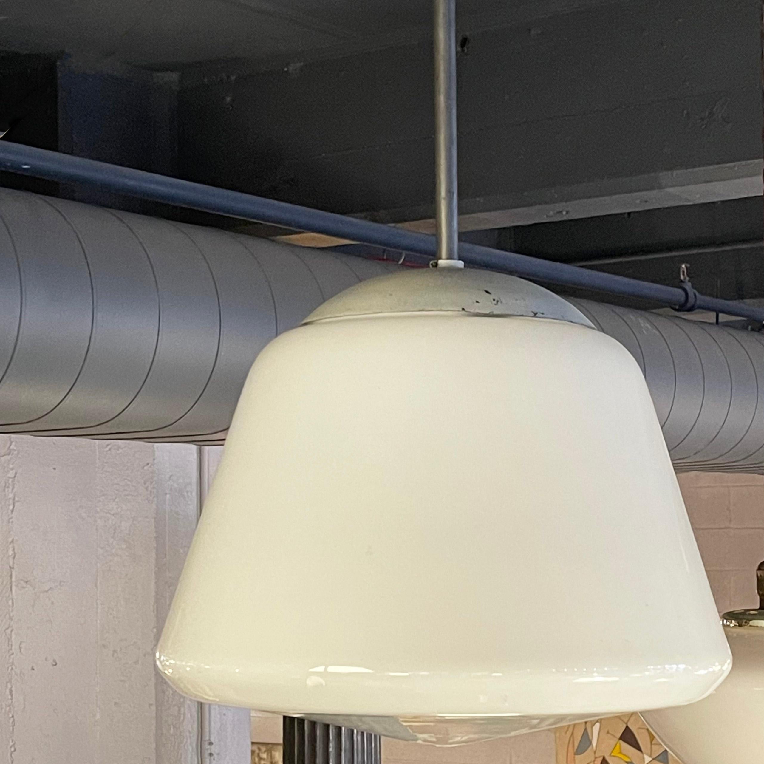 Aluminum Large Conical Milk Glass Library Pendant Light - 5 Available For Sale