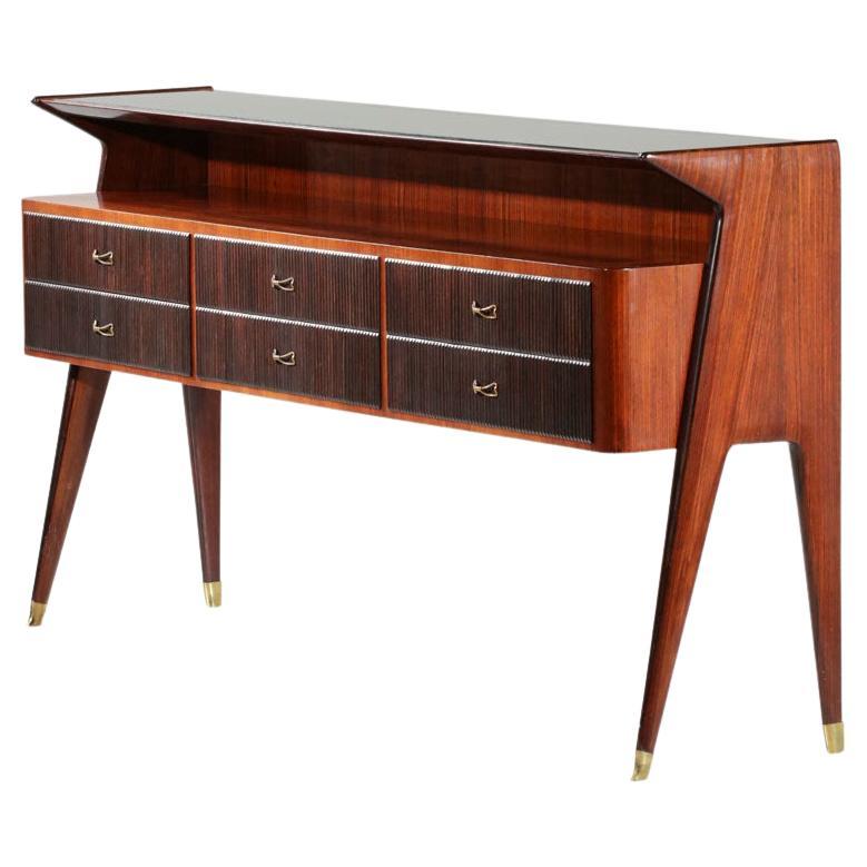 Large Console Attributed to Vittorio Dassi Solid Wood and Glass Brass, G710 For Sale