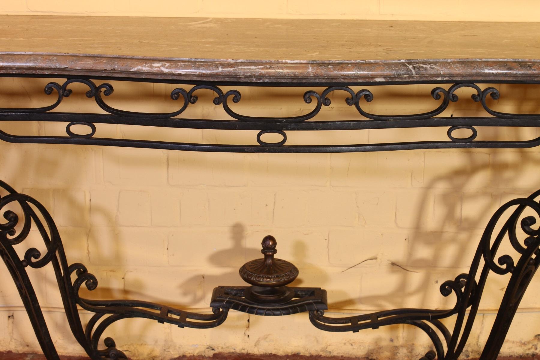 Belgian Large Console in Wrought Iron and Marble, 19th Century For Sale