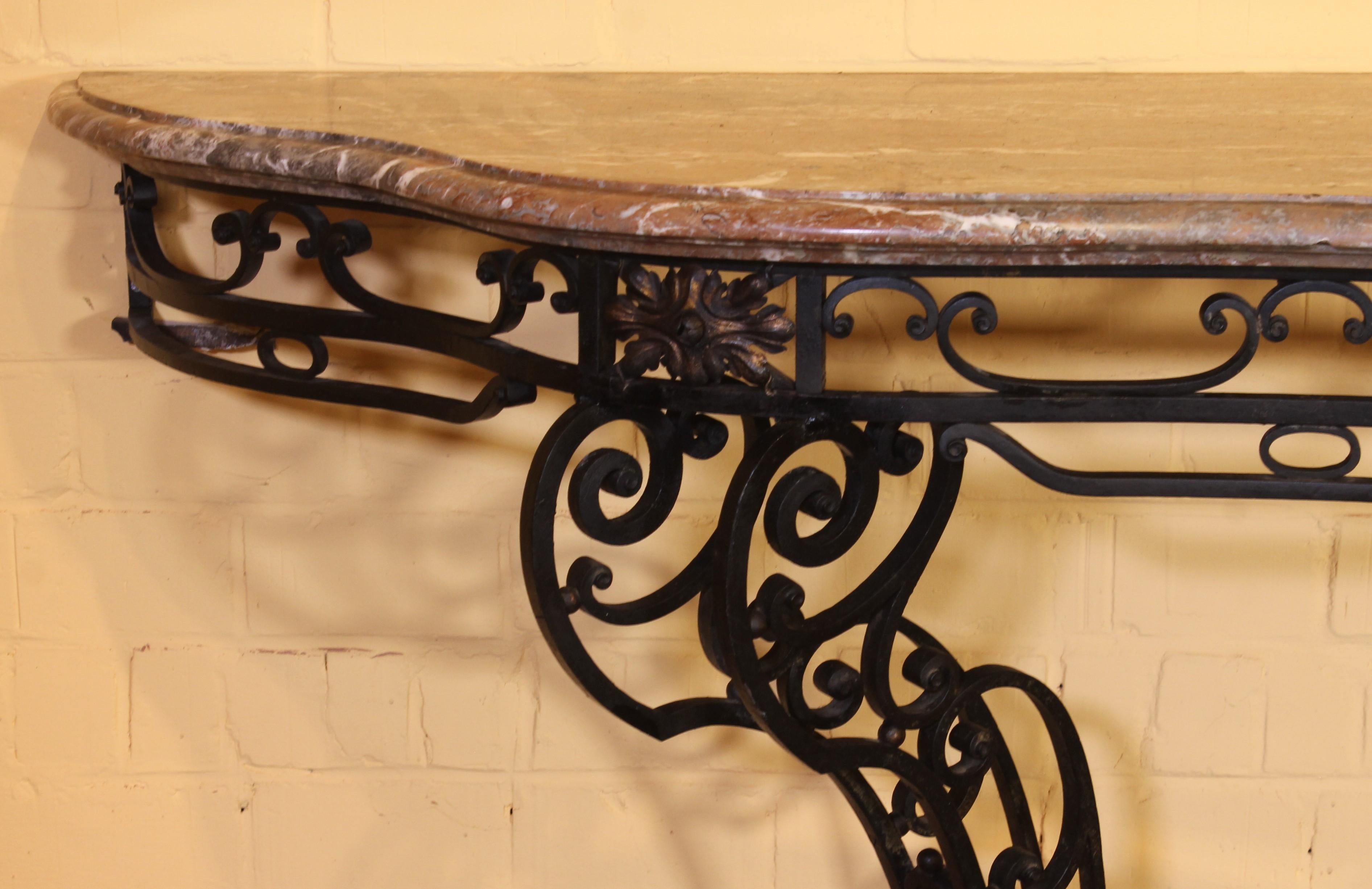 Large Console in Wrought Iron and Marble, 19th Century In Good Condition For Sale In Brussels, Brussels