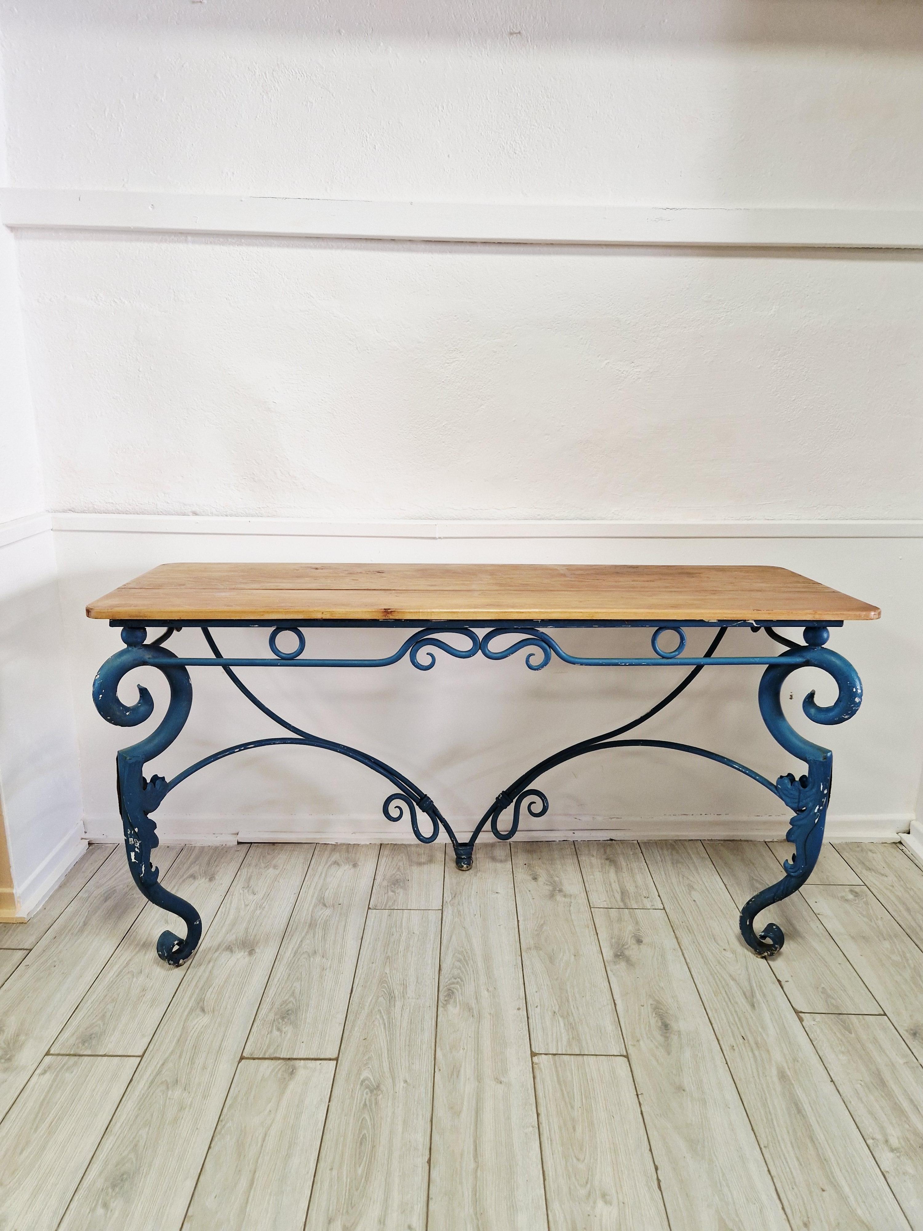 Rococo Revival Large Console Table Vintage Blue Metal For Sale