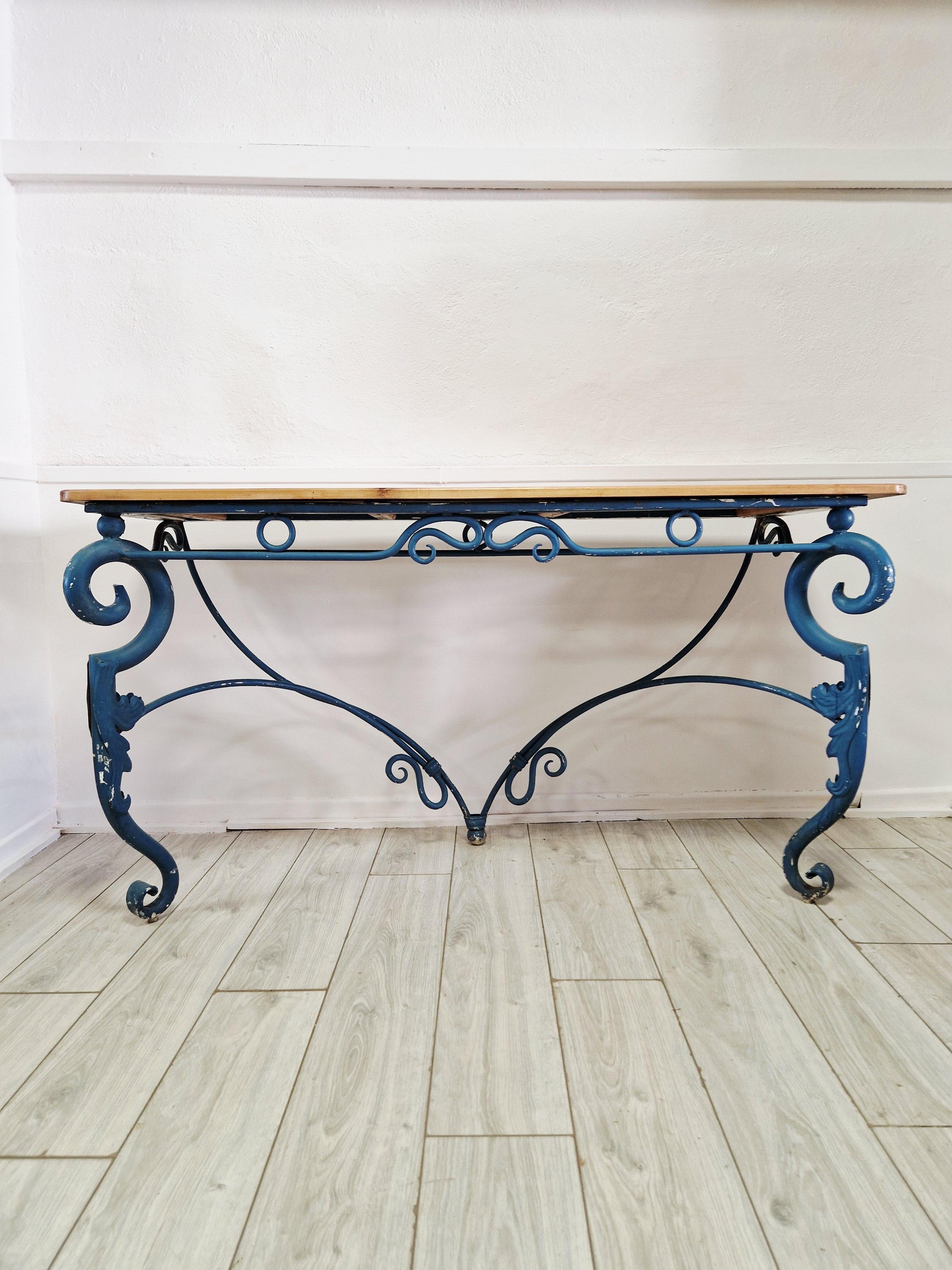 French Large Console Table Vintage Blue Metal For Sale
