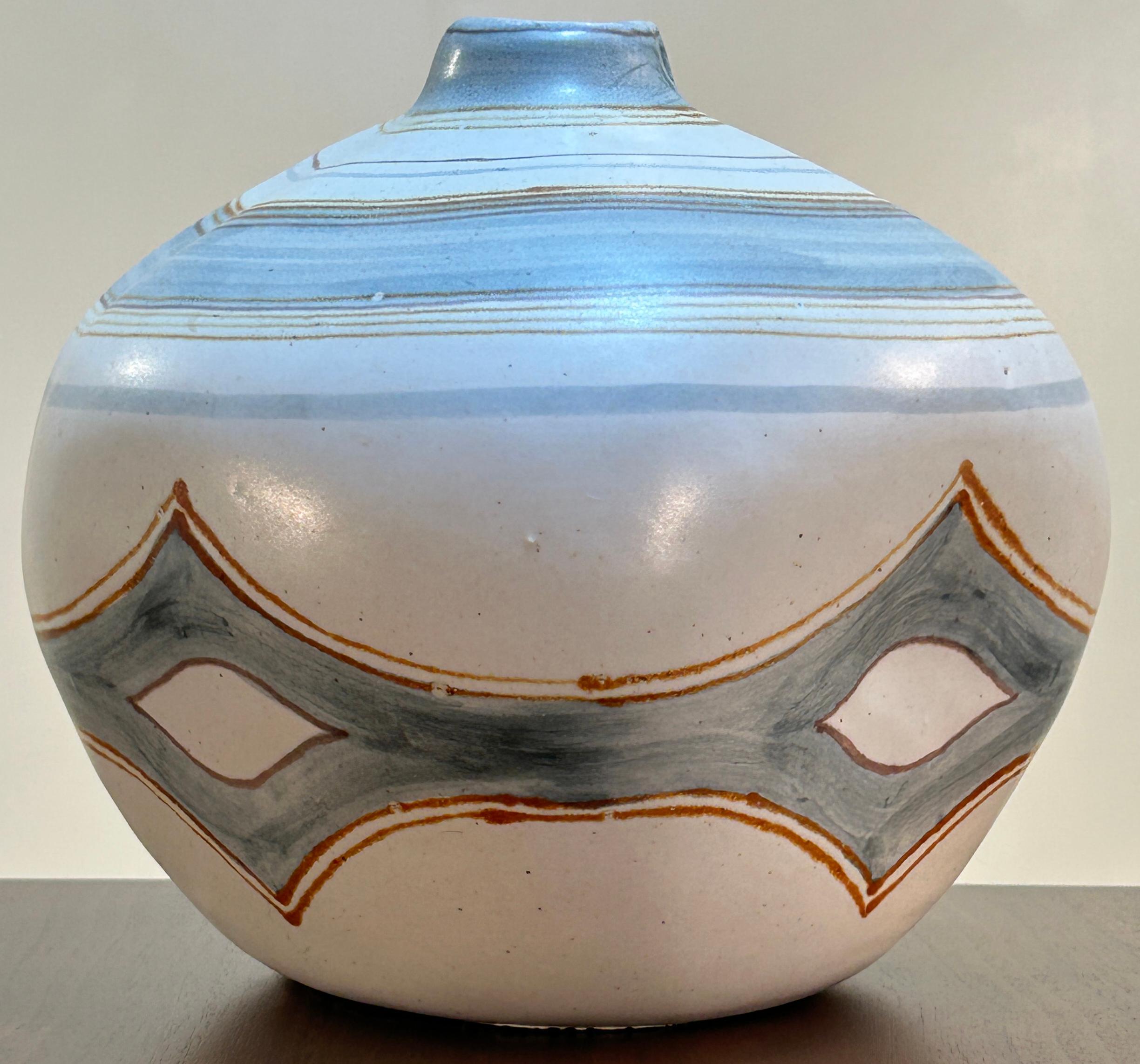 Hand built piece by Glidden Pottery, Fong Chow Californian Artist. It is a dimpled or pinched vase. It is hand-painted glazing and signed to the underside. As a hand-built piece the form is not perfect and has natural imperfections, but no chips,