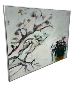 Large Contemporary Abstract Floral Painting on Canvas in Silver Frame.
