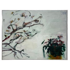 Large Contemporary Abstract Floral Painting on Canvas in Silver Frame.