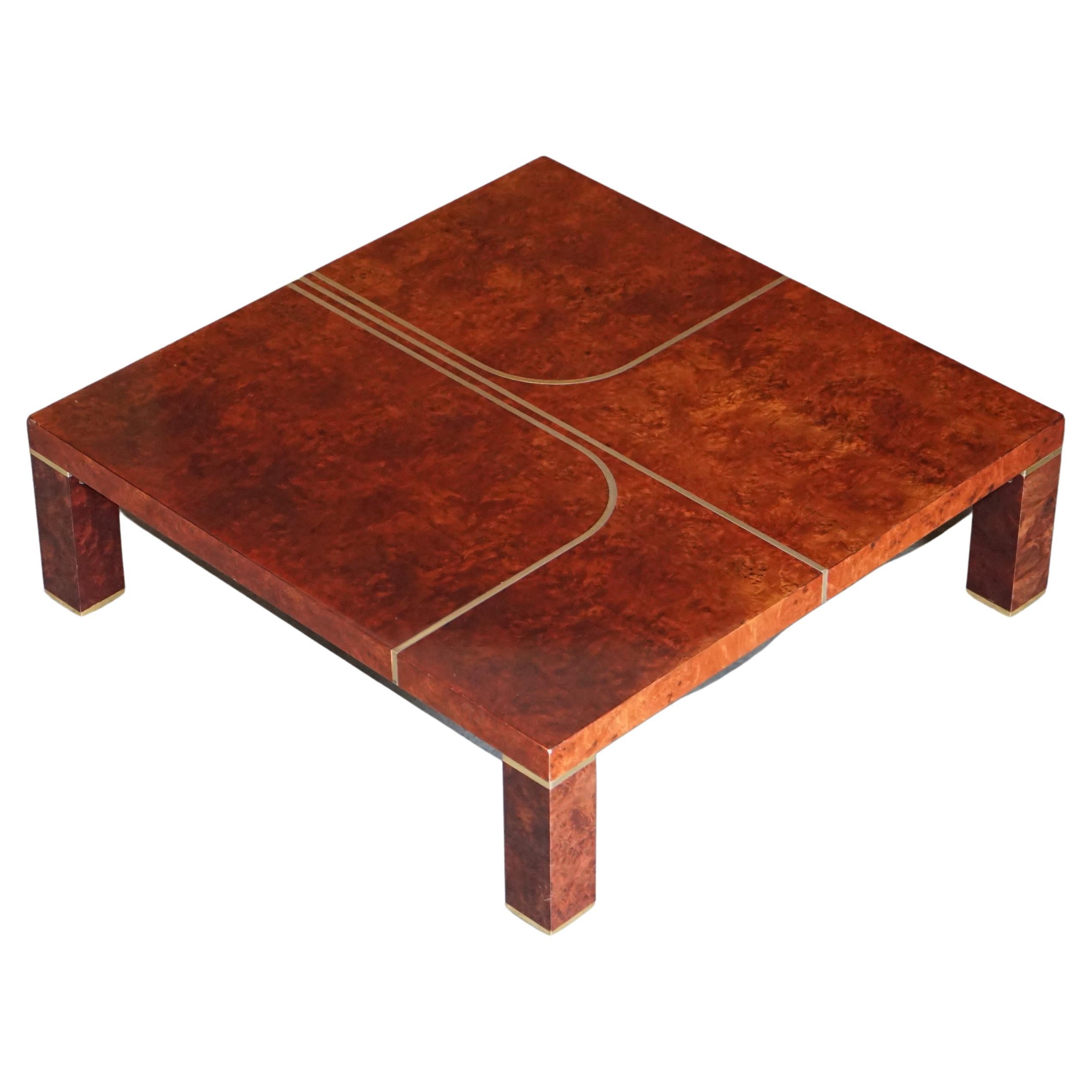 LARGE CONTEMPORARY ART MODERN BURR WALNUT, BRASS INALY COFFEE COCKTAiL TABLE For Sale
