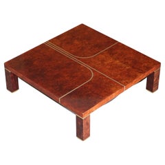 LARGE CONTEMPORARY ART MODERN BURR WALNUT, BRASS INALY COFFEE COCKTAiL TABLE