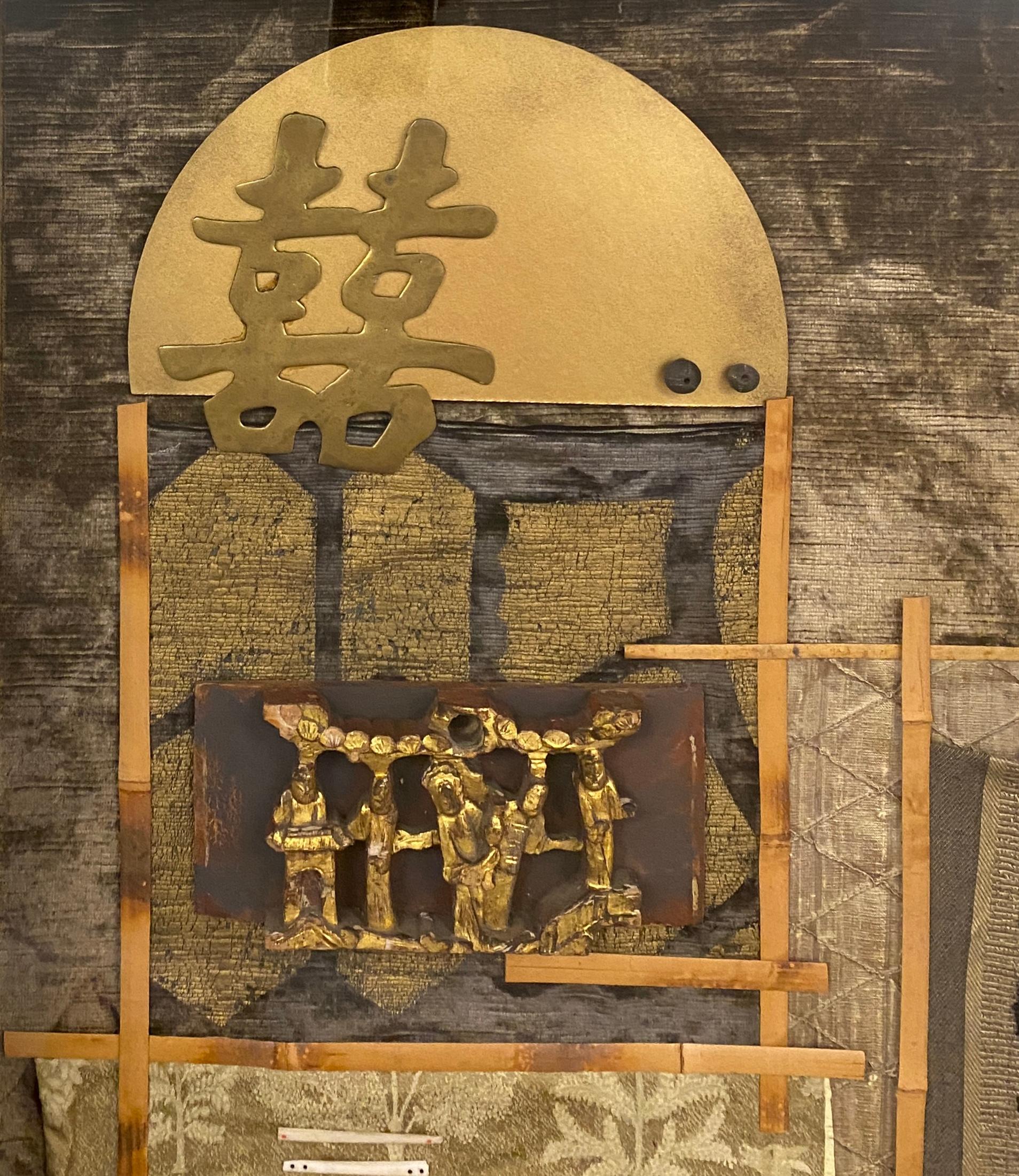 Brass Large Contemporary Asian Style Mixed Media Collage Wall Art For Sale