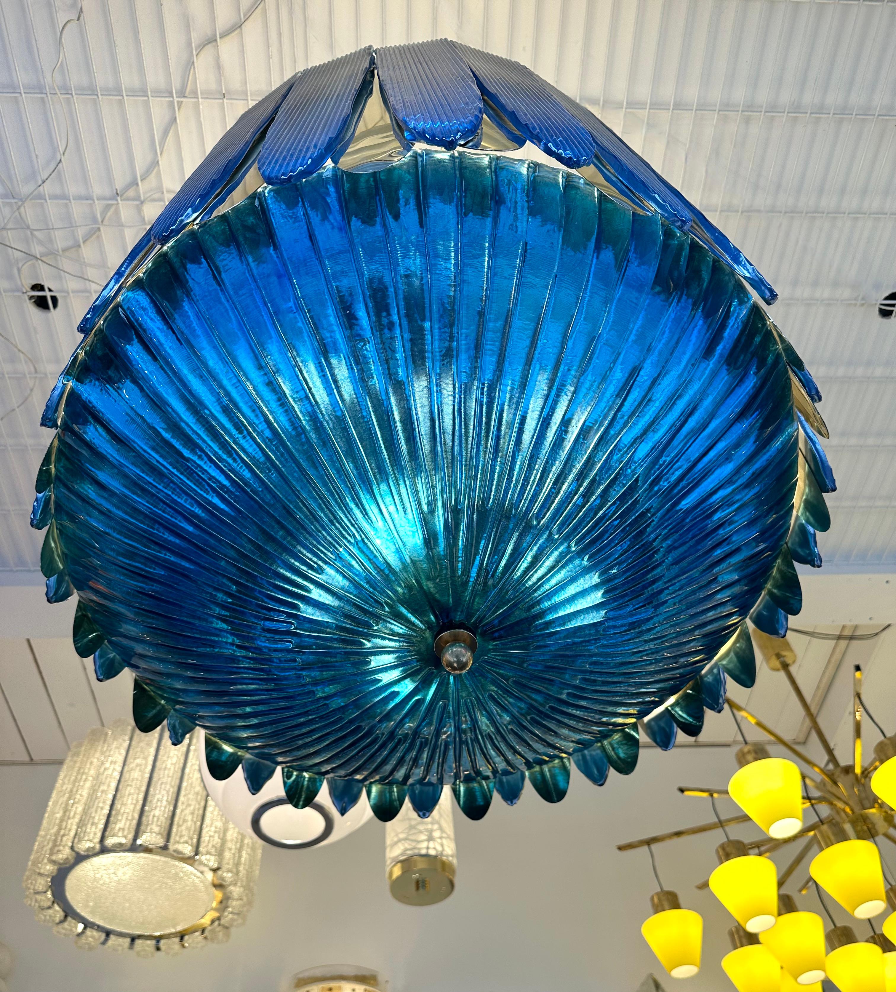 Mid-Century Modern Large Contemporary Balloon Chandelier Brass and Blue Murano Glass, Italy