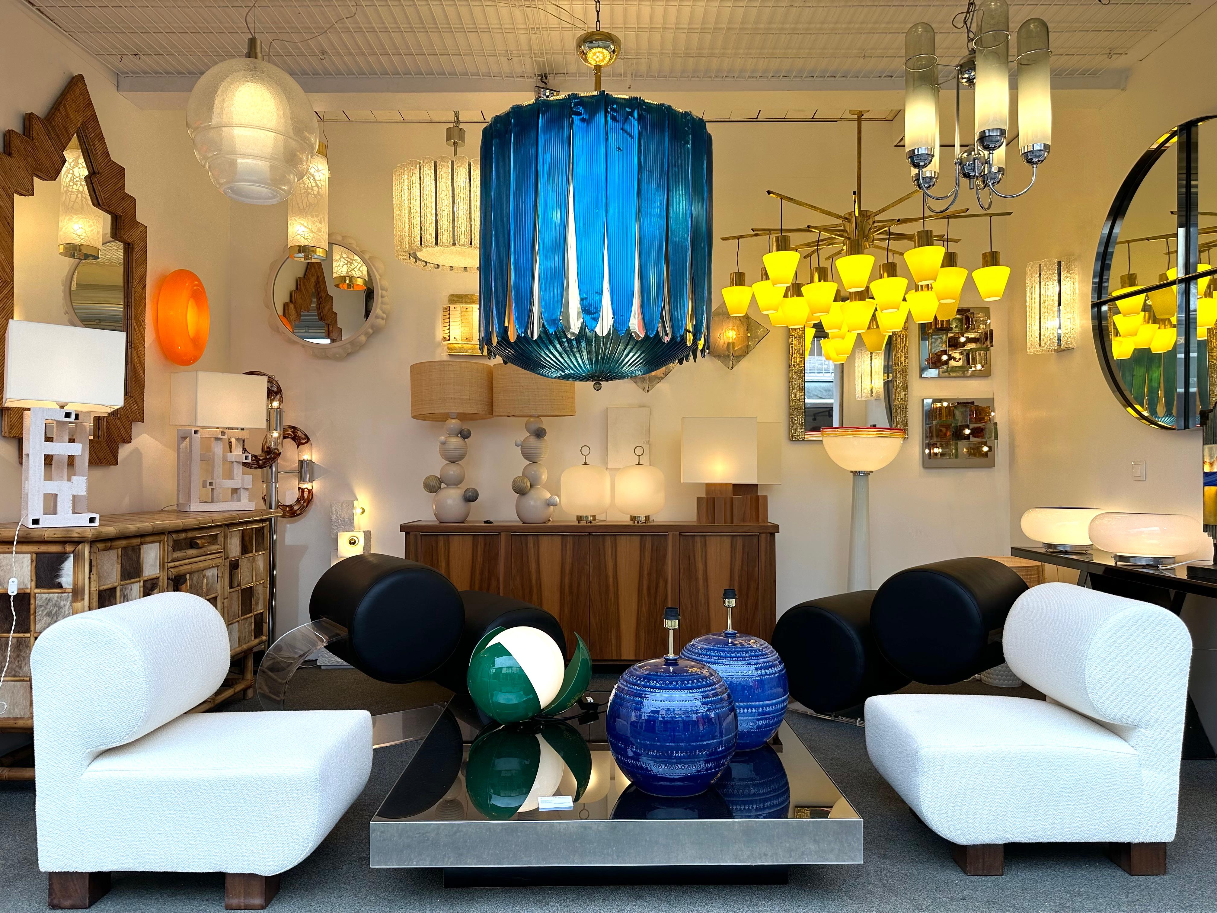 Italian Large Contemporary Balloon Chandelier Brass and Blue Murano Glass, Italy
