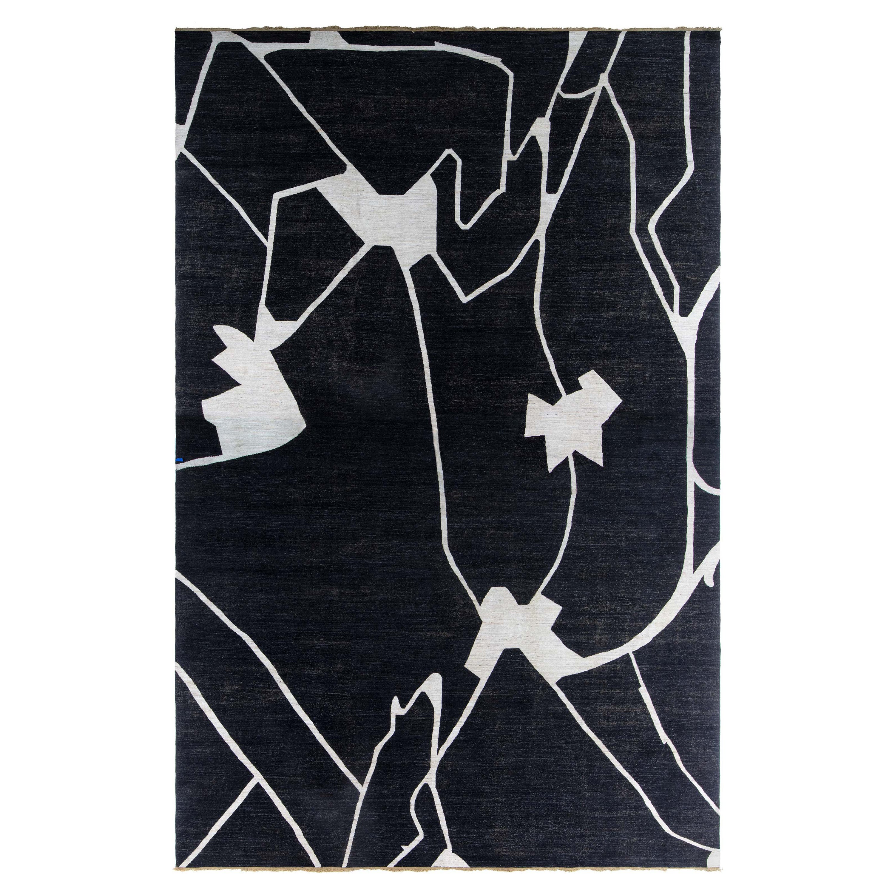 Large Contemporary Beige Black Hand Knotted Wool Rug by Doris Leslie Blau